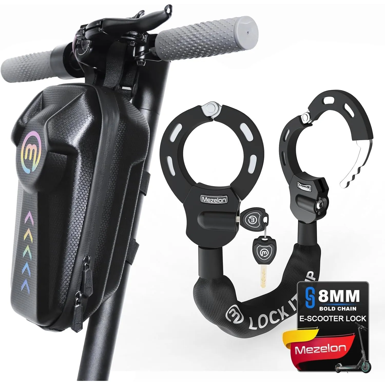 Mezelon E Scooter Schloss mit Tasche | 8mm Kette Handschellenschloss für Elektroscooter | Ideal für E Scooter/E Bike