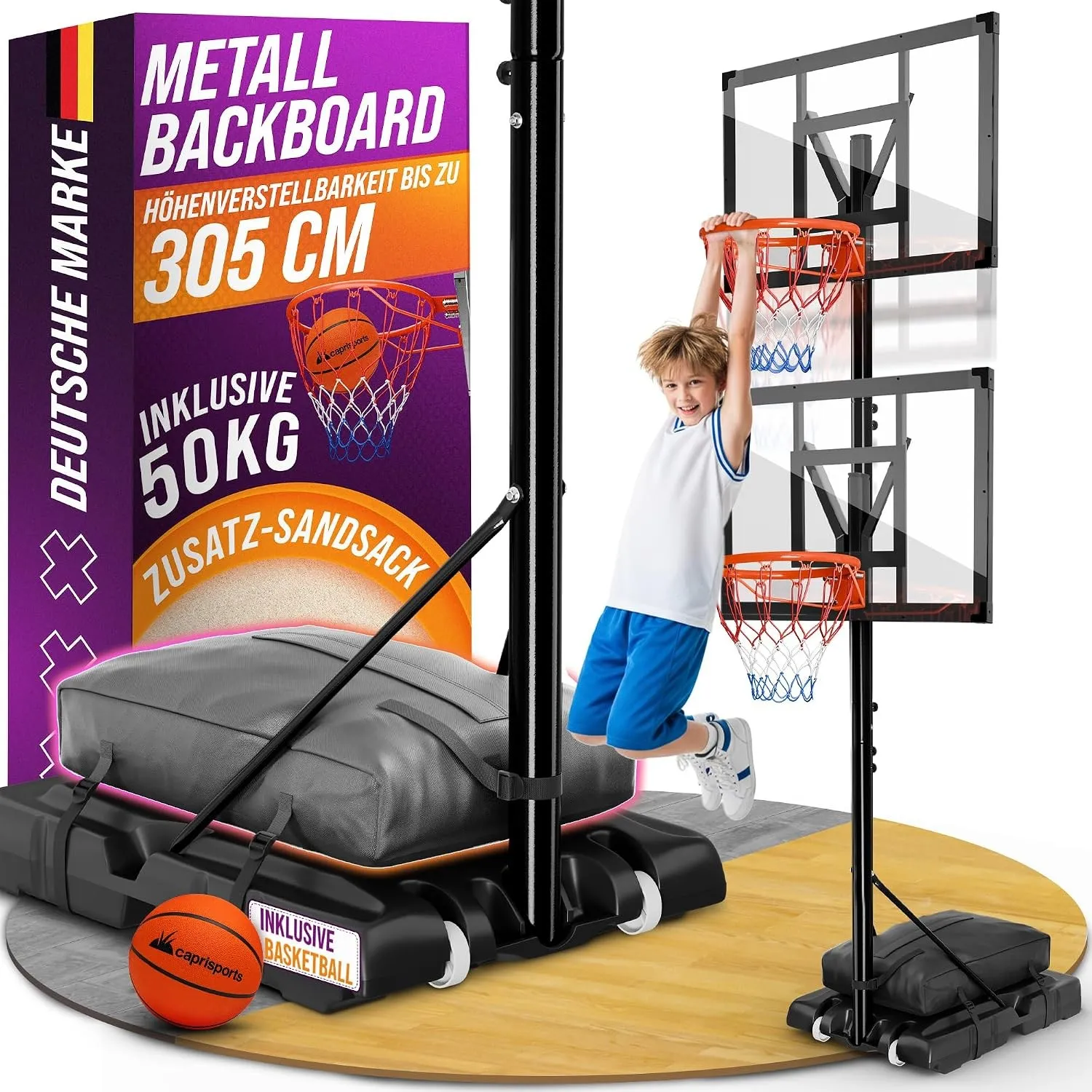 Basketballkorb Outdoor [mit Sandsack & Ball] – Basketball Korb höhenverstellbar – Wetterfester Basketballkorb mit Ständ…
