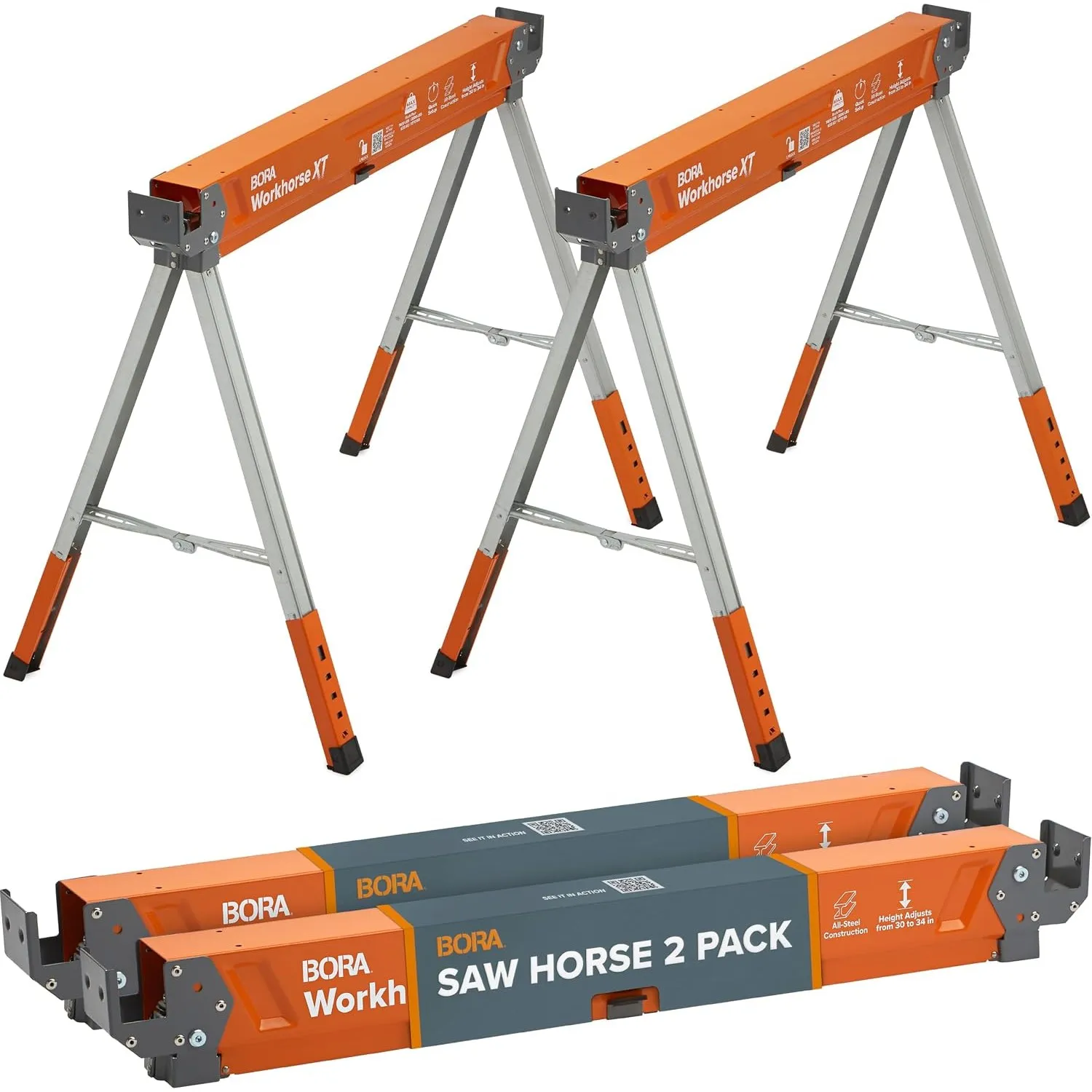 BORA Arbeitsböcke klappbar 2er Set, Beine höhenverstellbar, 1224 kg | Unabhängig verstellbare Beine (76–86 cm) & 2x4 Ha…