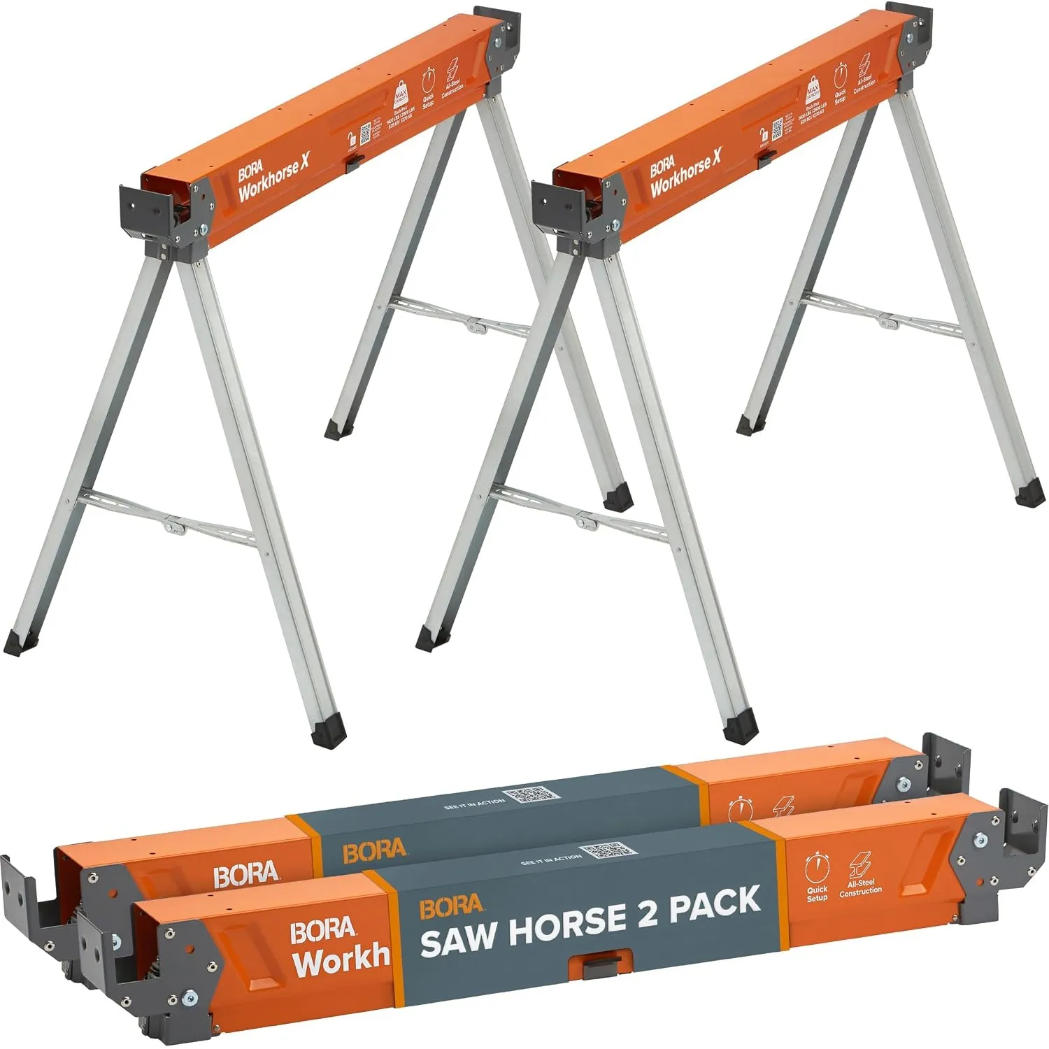 Bora Arbeitsböcke klappbar mit Stahlrahmen, 1225 kg Tragfähigkeit – Arbeitsbock 2er Set, höhenverstellbar, Sägebock 2x4…