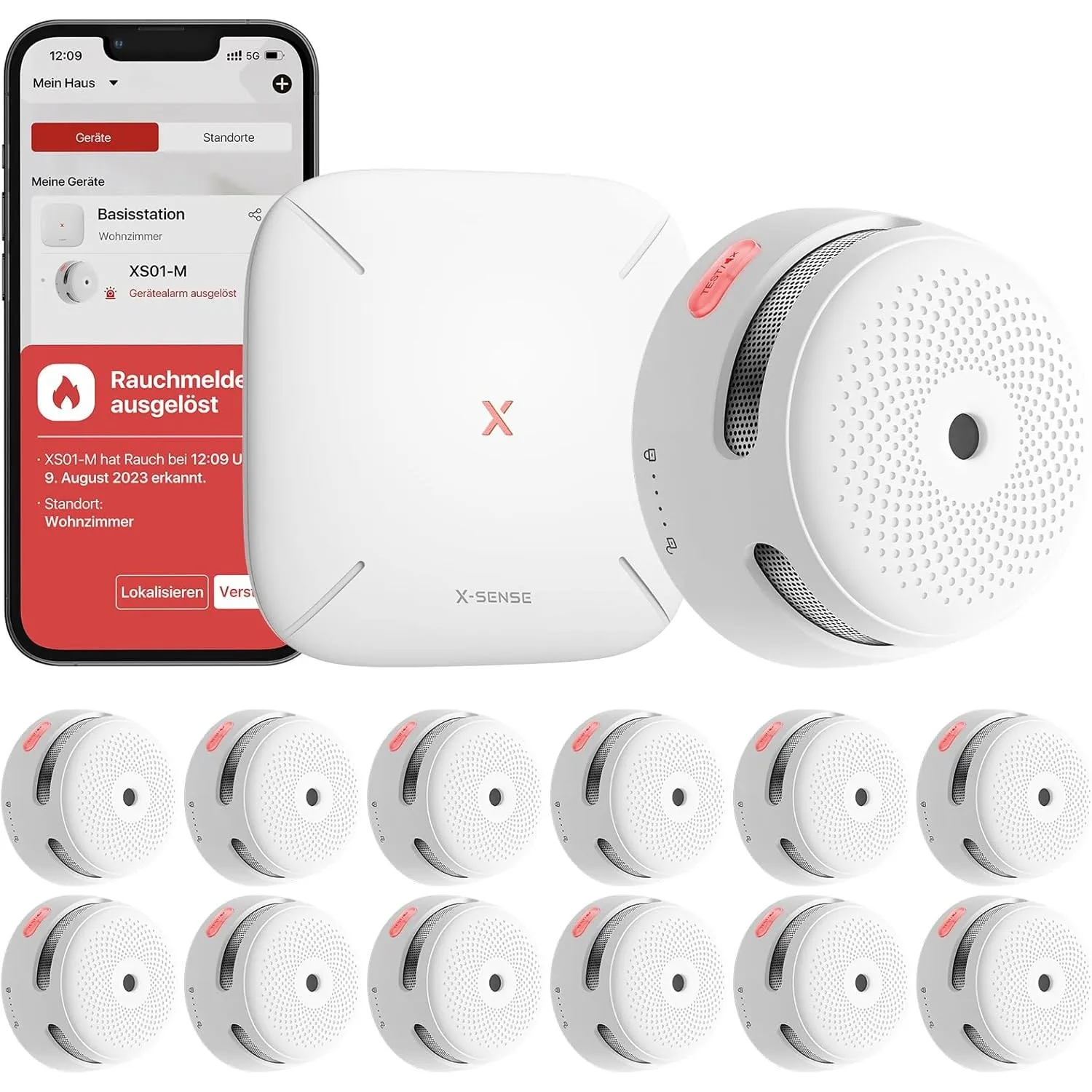 X-Sense Smart Rauchmelder mit SBS50-Basisstation, FS121, 12 Stück