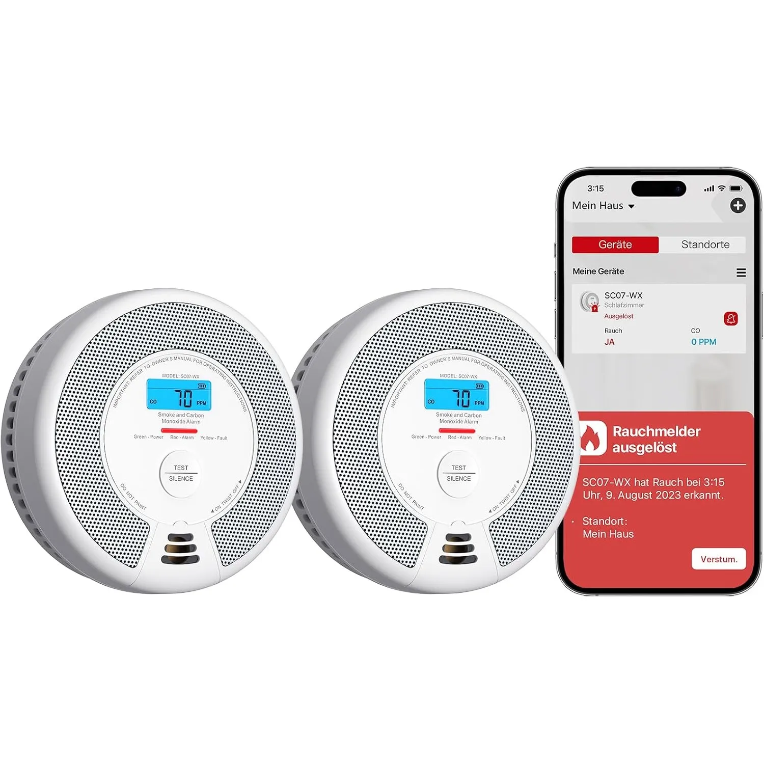 X-Sense WLAN-Rauch- und Kohlenmonoxidmelder mit austauschbarer Batterie, Smart Kombinationsmelder mit App, kompatibel m…