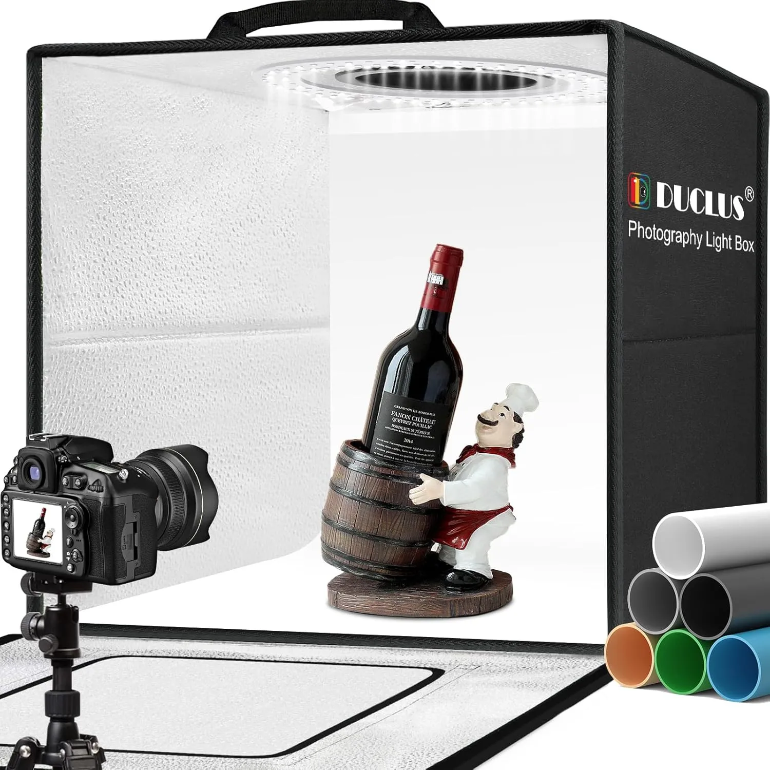 DUCLUS Photo Box for Product Photography, 50 x 50 x 50 cm, Foldable Photo Studio Set with 216 LED Lighting and 6 PVC Ba…