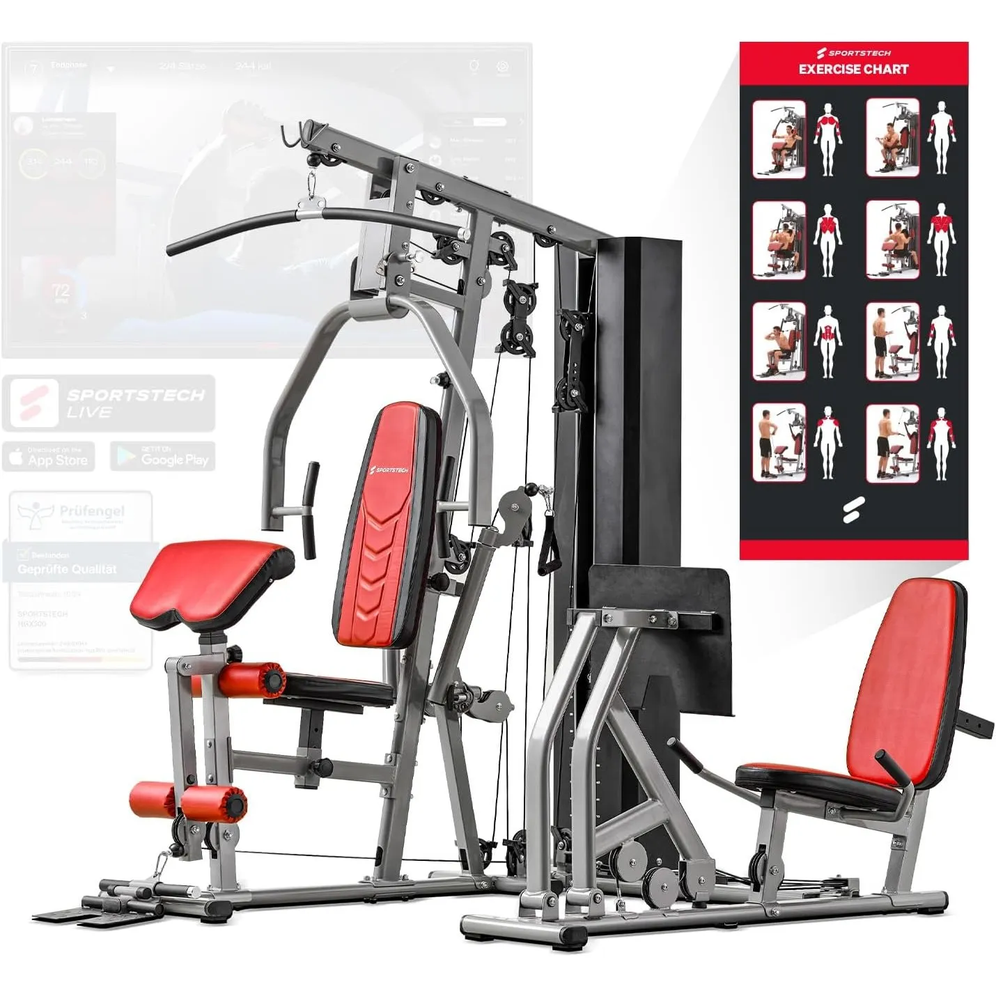Sportstech, Kraftstation + bis 80 kg Gewichtsblock, Homegym HGX100/HGX300