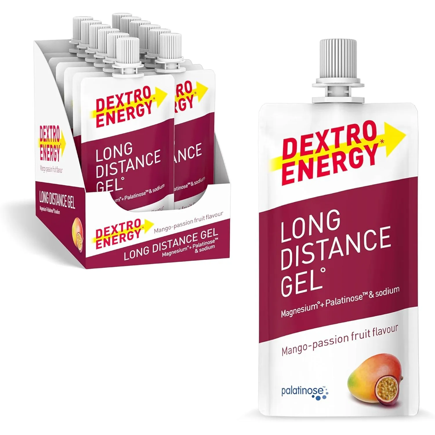 Dextro Energy Long Distance Gel Mango Passionfruit + Magnesium und Natrium - 12x50ml (12er Pack) - High Carb Energy Gel…