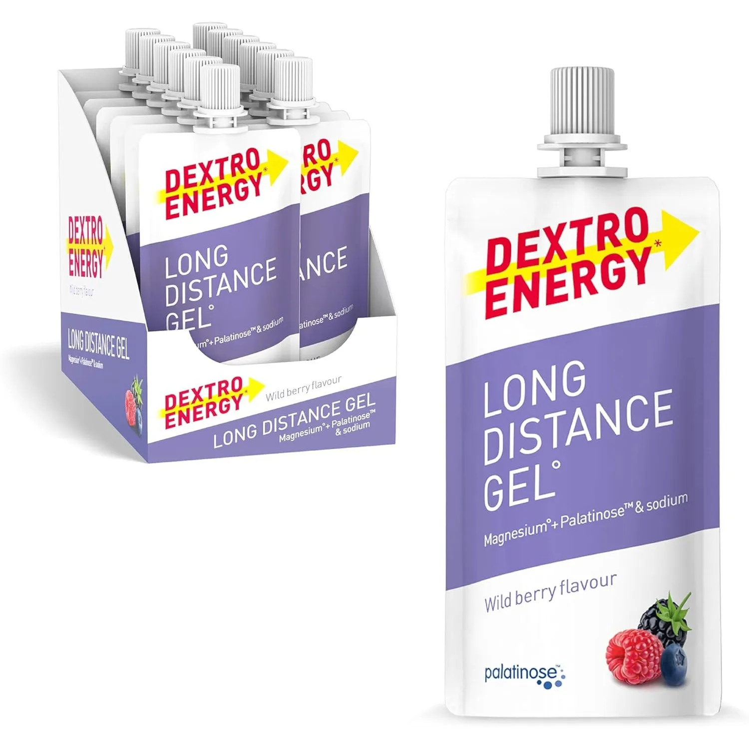 Dextro Energy Long Distance Gel Wildberry + Magnesium und Natrium - 12x50ml (12er Pack) - High Carb Energy Gel mit Pala…