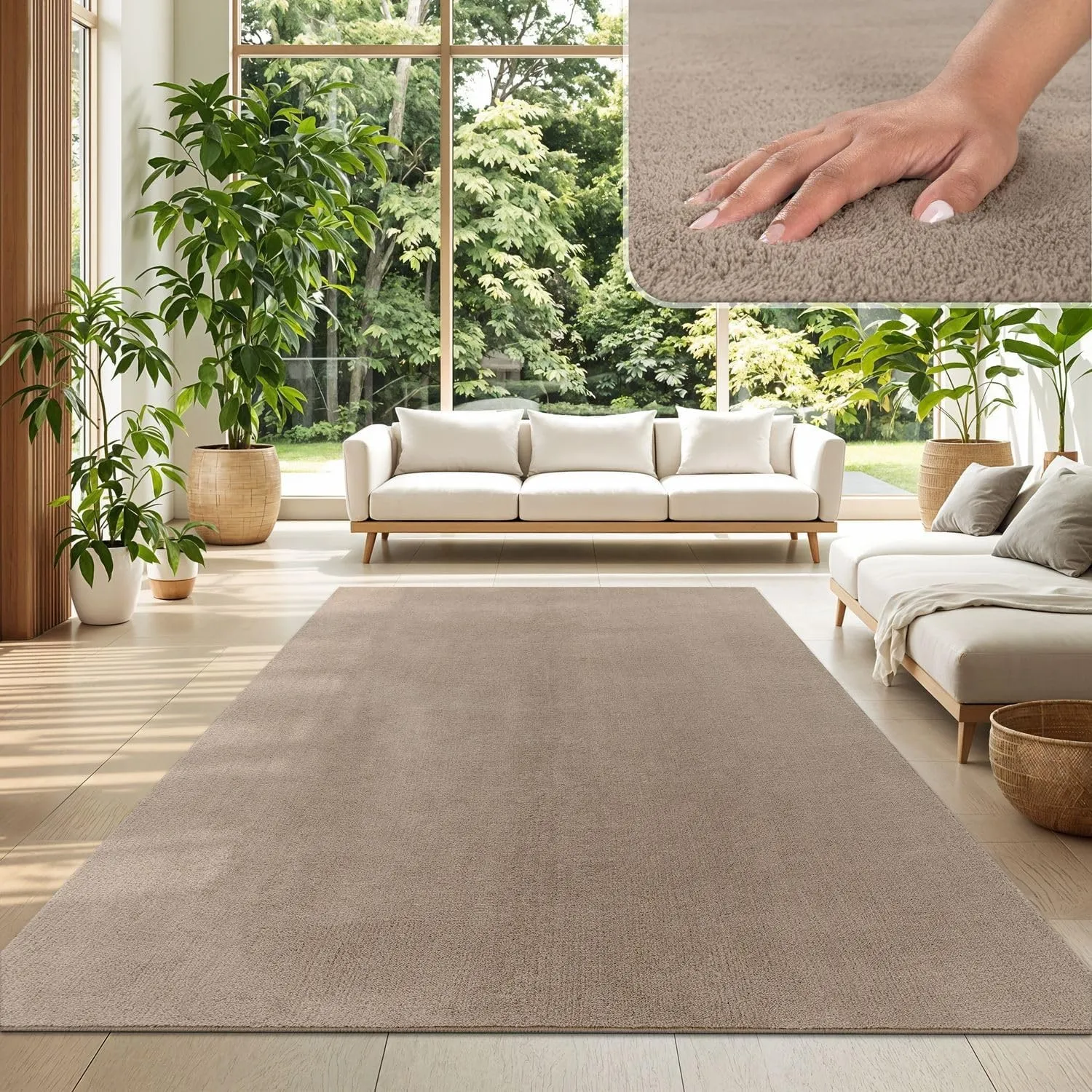 TT Home Teppich Wohnzimmer Taupe 140x200 cm, Waschbar & Kurzflor