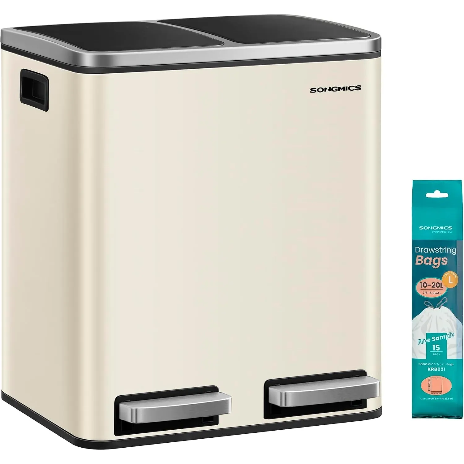 SONGMICS Mülleimer Küche, 2 x 15 Liter, Mülltrennsystem 2 Fächer, inklusive 15 Müllbeutel, Abfalleimer, Treteimer, recy…