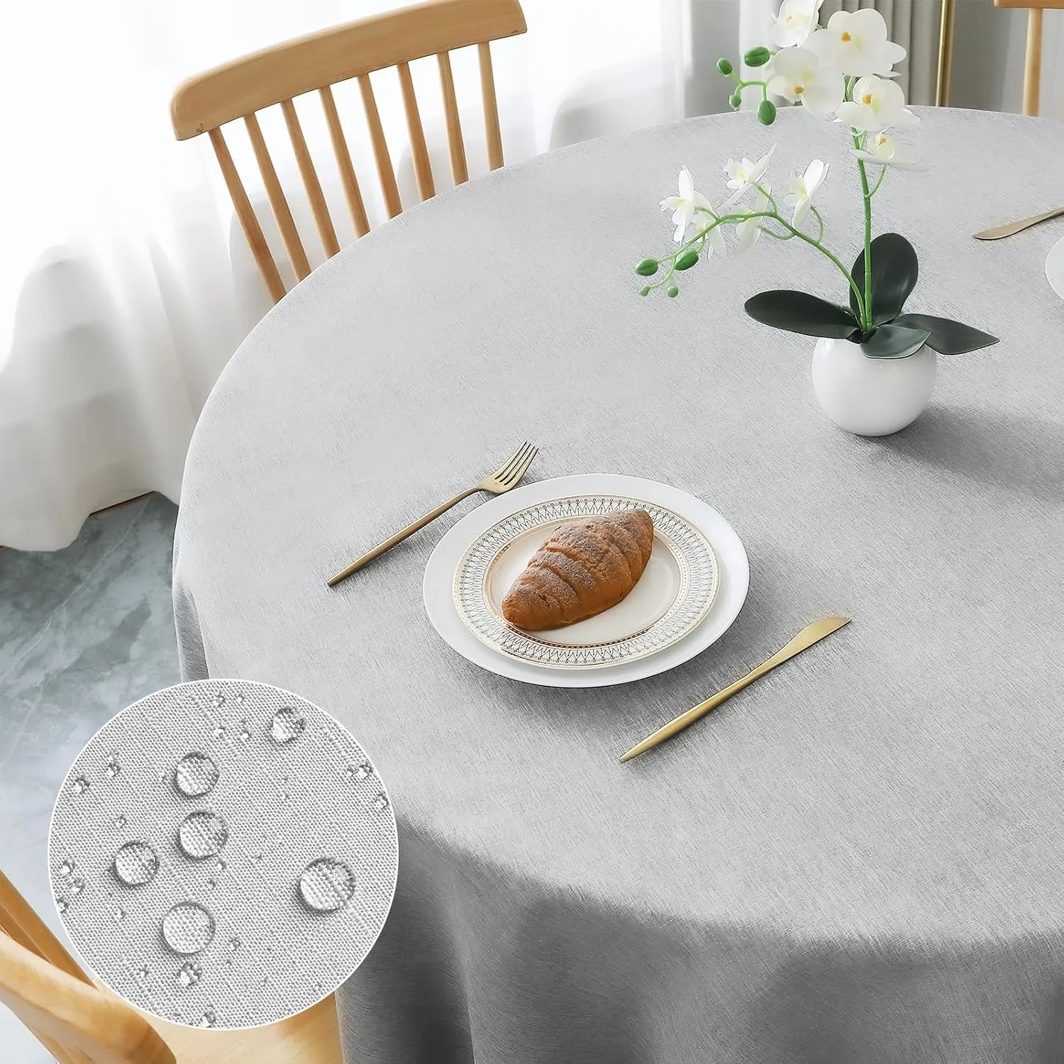 AooHome Tischdecke Rund Φ140cm, Hellgrau Leinen-Optik Tischdecken Abwaschbar Tischtuch aus Polyester Wasserabweisend mi…