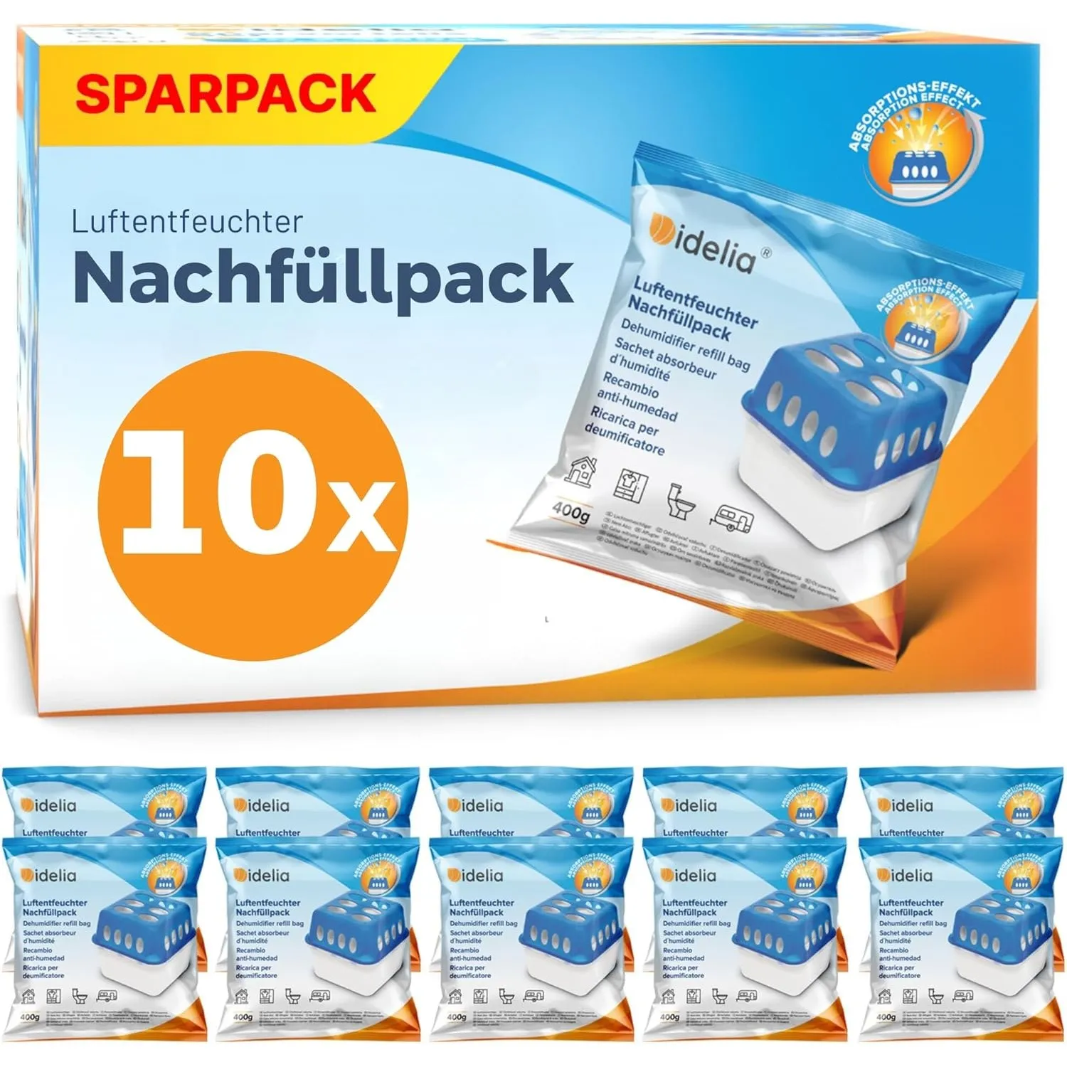 Idelia® 10x Luftentfeuchter Granulat 400g (Sparvorteils 10er Set Luftentfeuchter Nachfüllpack's) I Entfeuchter Nachfüll…