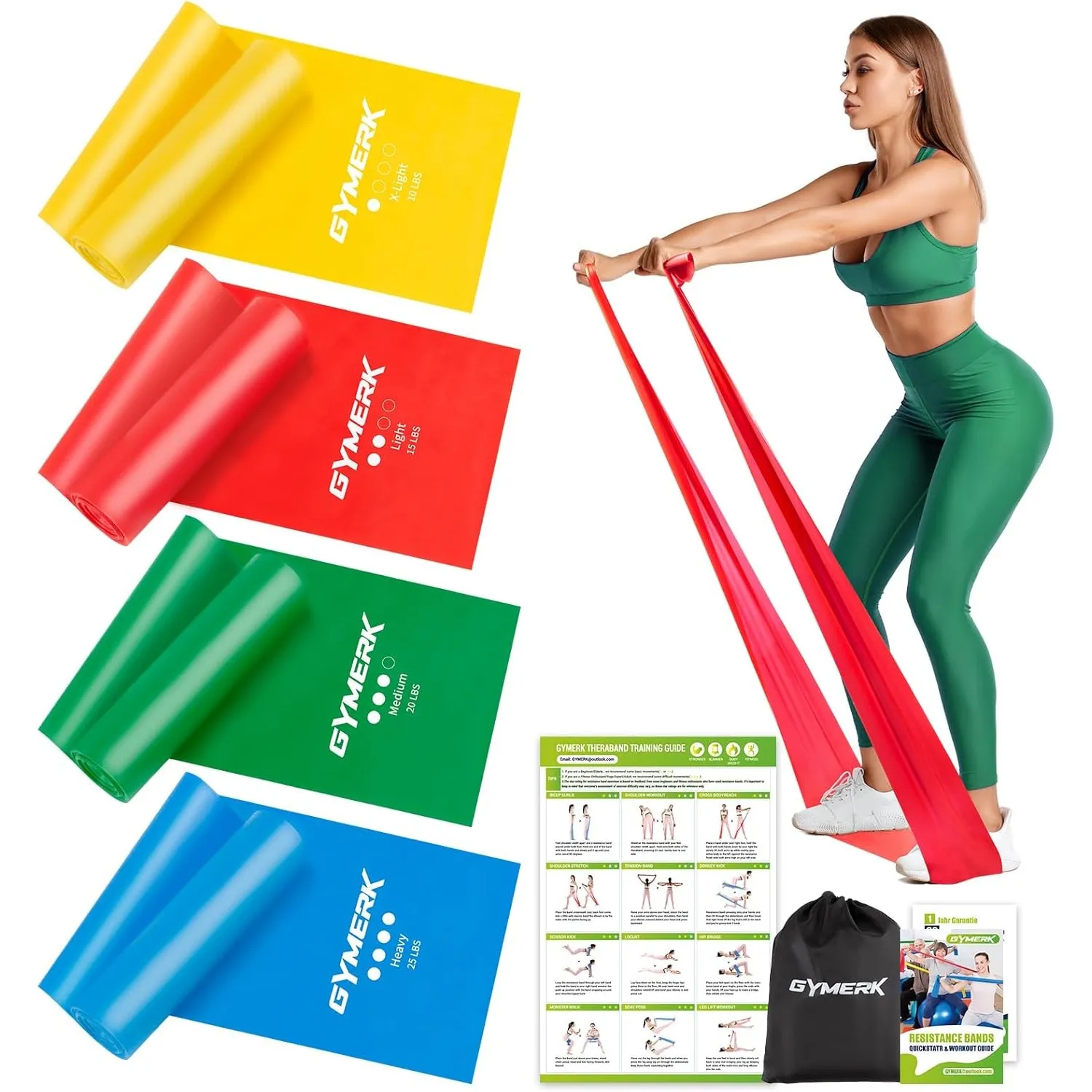GYMERK Fitnessbänder Set 4er, 1.8M/2M Fitnessband, 4 Widerstandsstufen mit Übungsposter, Gymnastikband mit Tragetasche …