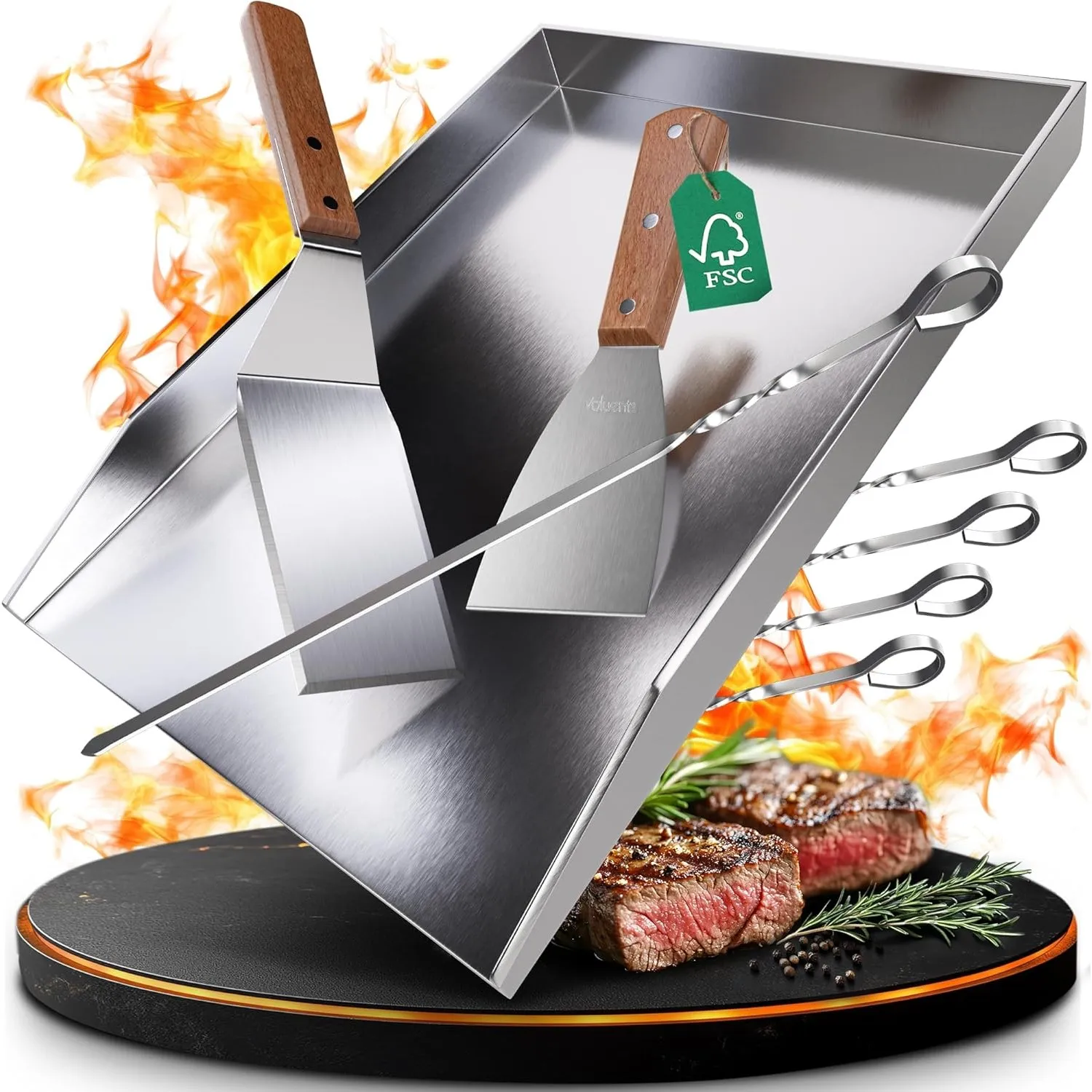 Grillplatte - Plancha Grill Platte aus dickem & rostfreiem Edelstahl – 40 x 30 cm – für BBQ Gasgrill & Kohlegrill geeig…