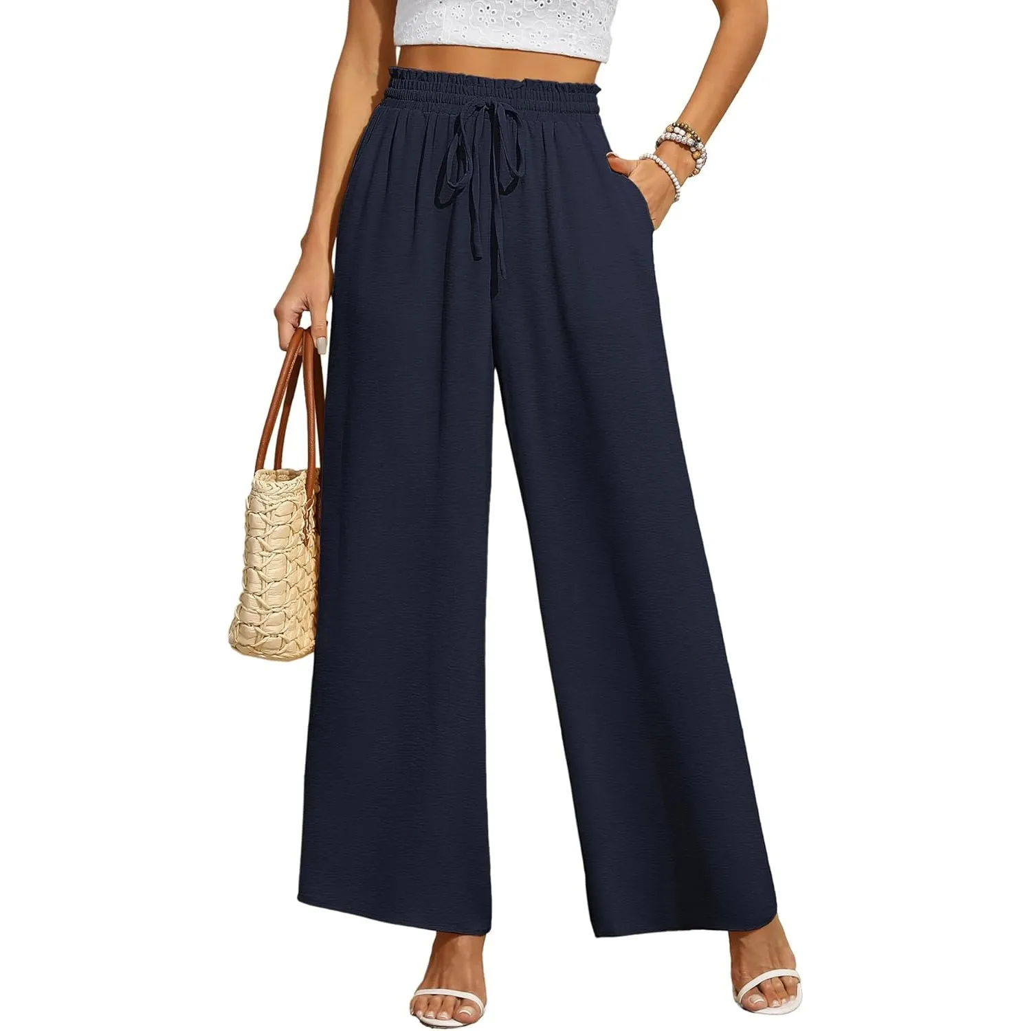 BEIGAI Damen Hosen Weites Bein Stoffhose Locker Gerade Leichte Palazzo Hose | Hohe Taille Dehnbar Lounge Freizeithose, …
