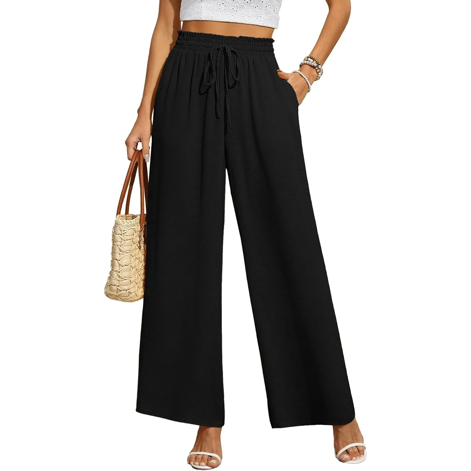 BEIGAI Damen Hosen Weites Bein Stoffhose Locker Gerade Leichte Palazzo Hose | Hohe Taille Dehnbar Lounge Freizeithose, …