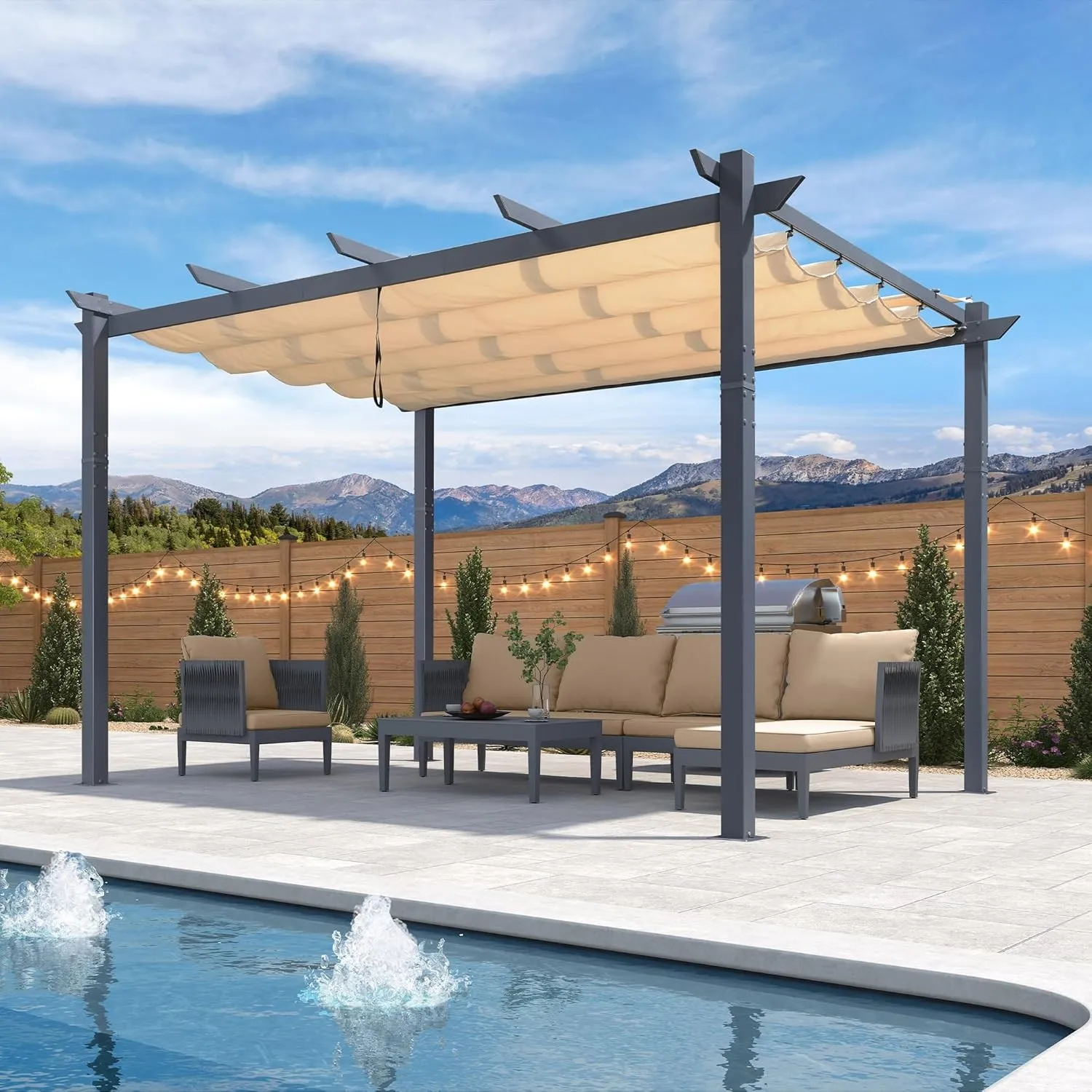 PURPLE LEAF Pergola 3 × 4 m Alu Dunkelgrau Rahmen mit Schutzdach, Beige