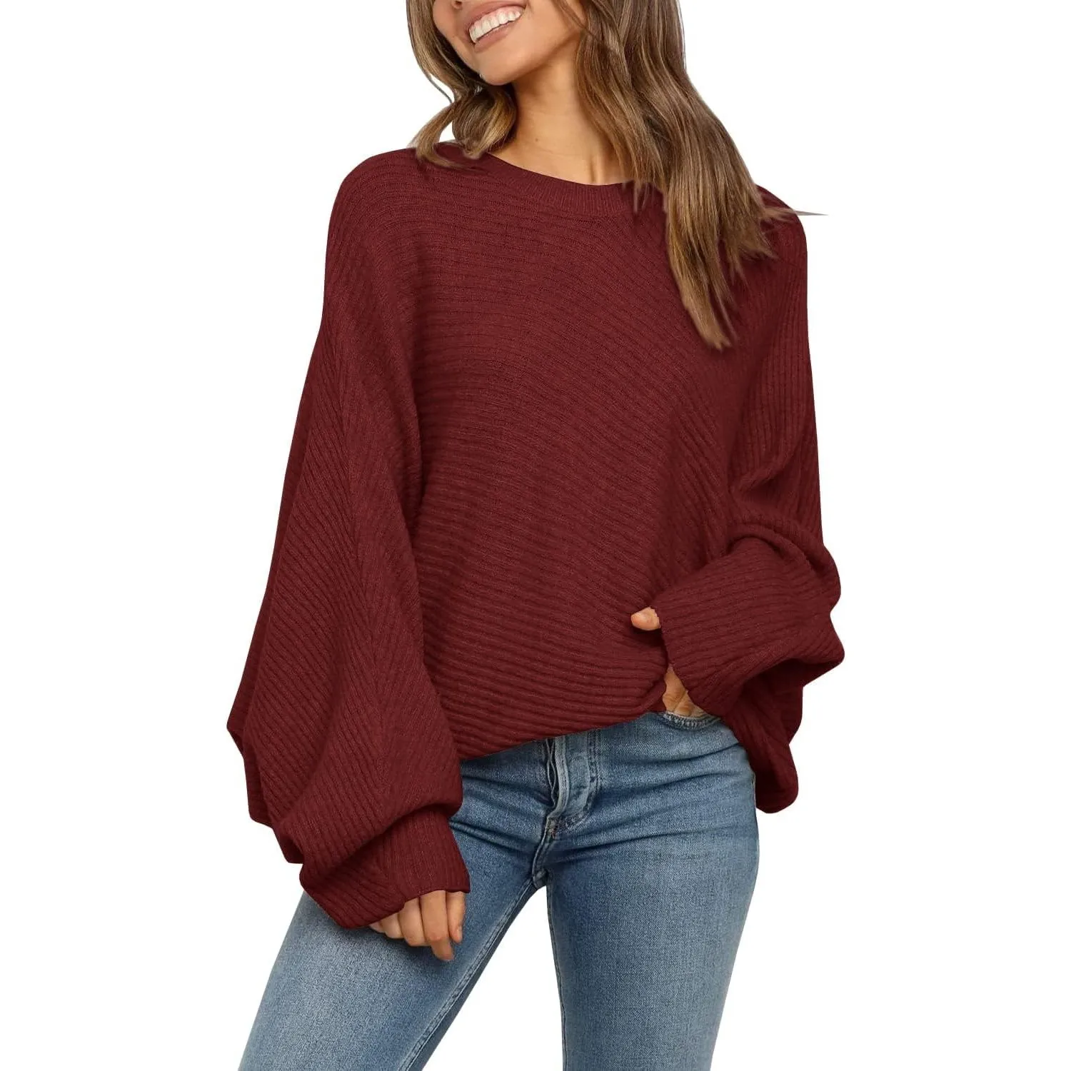 Fessceruna Damen Pullover Oversize Fledermausärmel Strickpullover