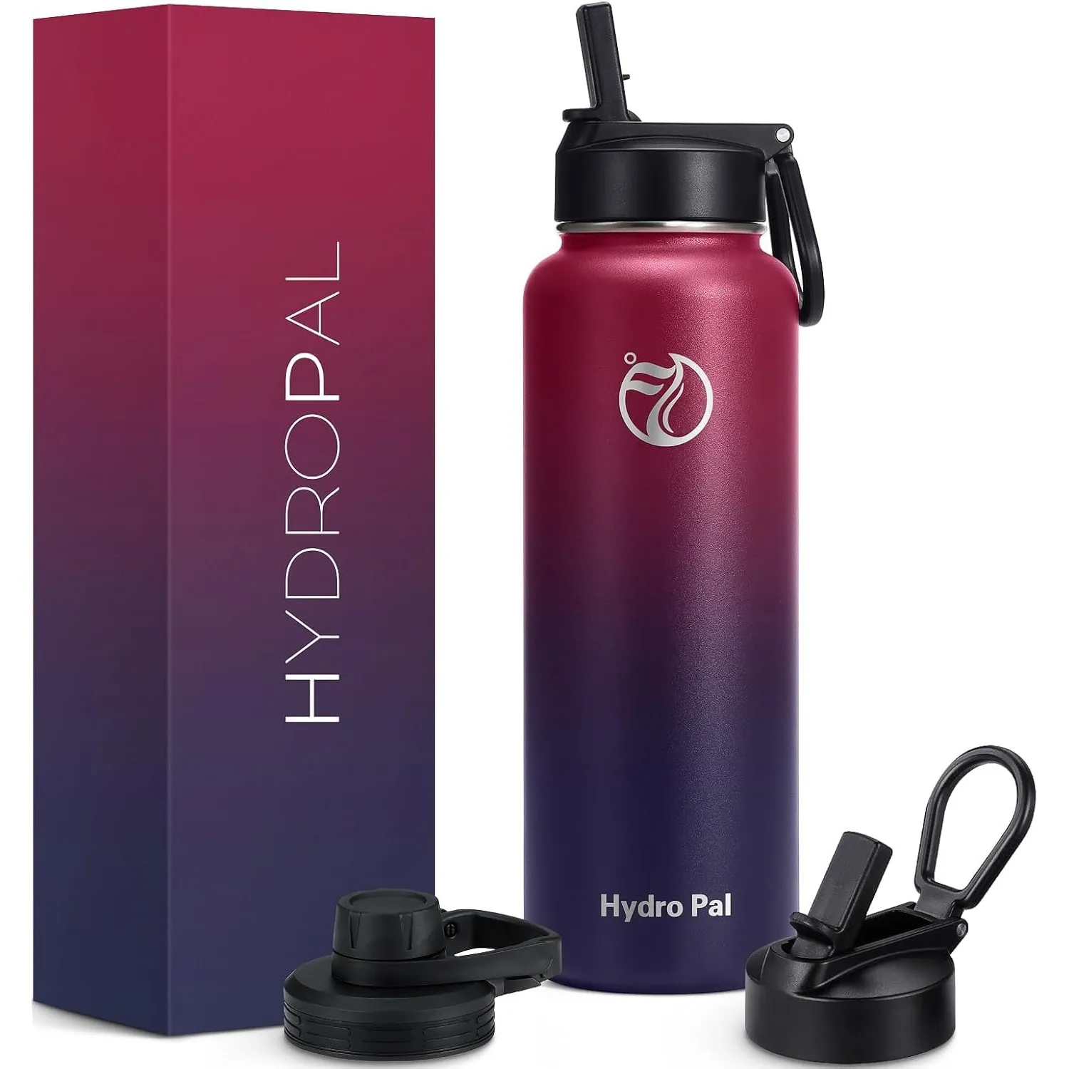 HydroPal Edelstahl Isolierflasche,Trinkflasche mit Strohhalm 2 Deckel 1,2L