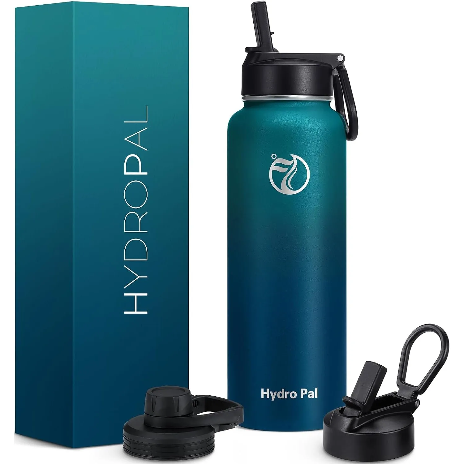 HydroPal Edelstahl Isolierflasche,Trinkflasche mit Strohhalm 2 Deckel 1,2L