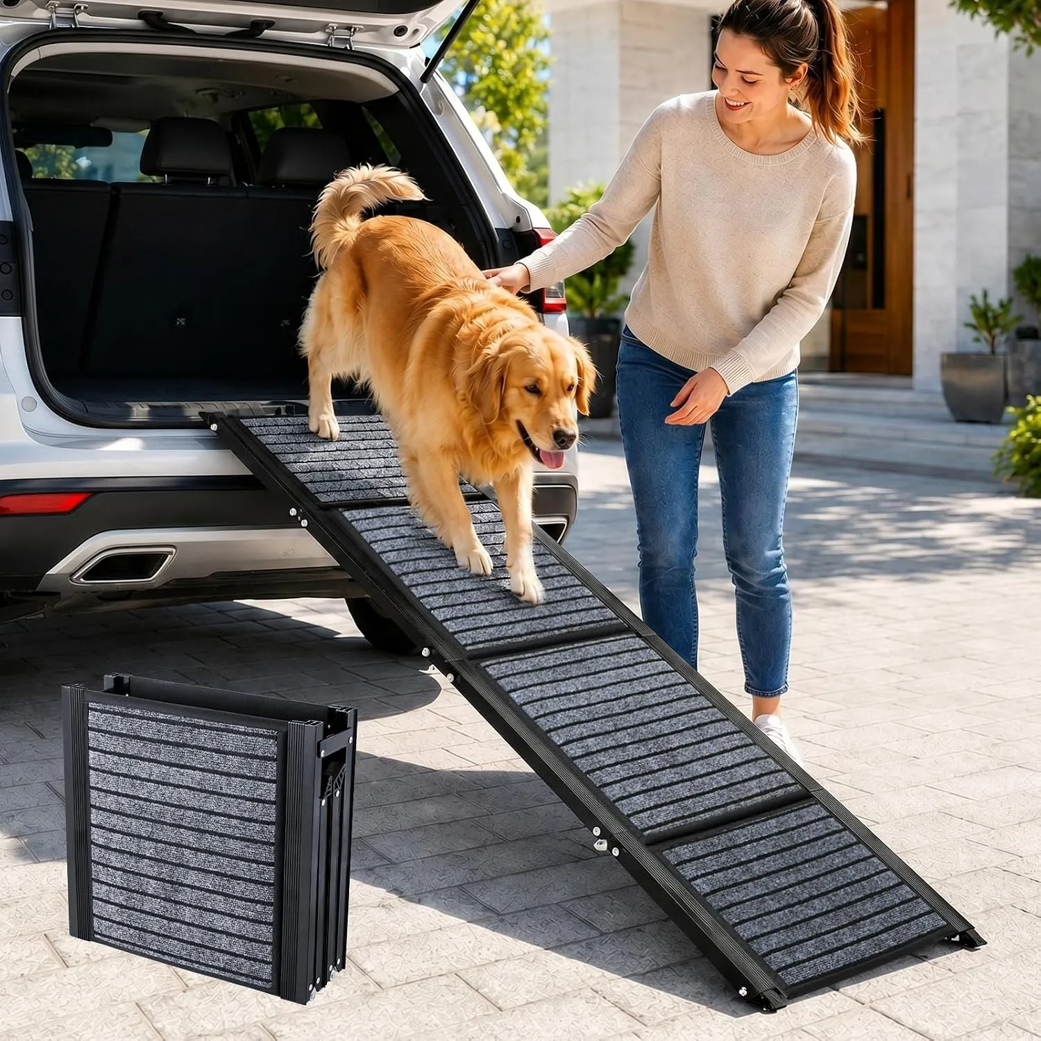 170 cm Extra Lange Hunderampe Auto Klappbar, rutschfeste Hundetreppe Auto mit Griffiger Teppichoberfläche, Stabile Alum…