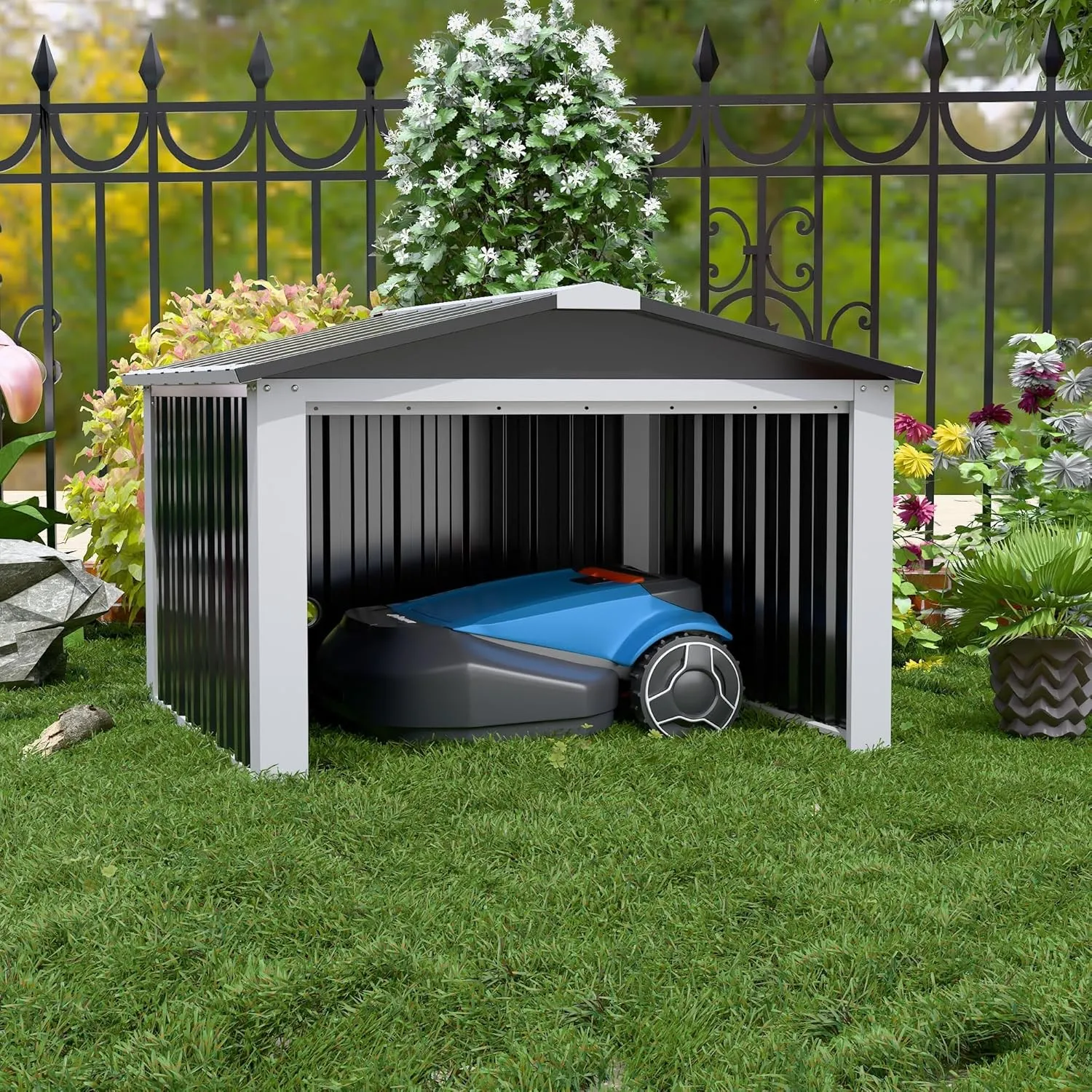 SUPEER Metall Mähroboter Garage mit Satteldach,H62cm*W90.5cm*D88.8cm Geräteschuppen Garten Metallschuppen für Rasenmähr…