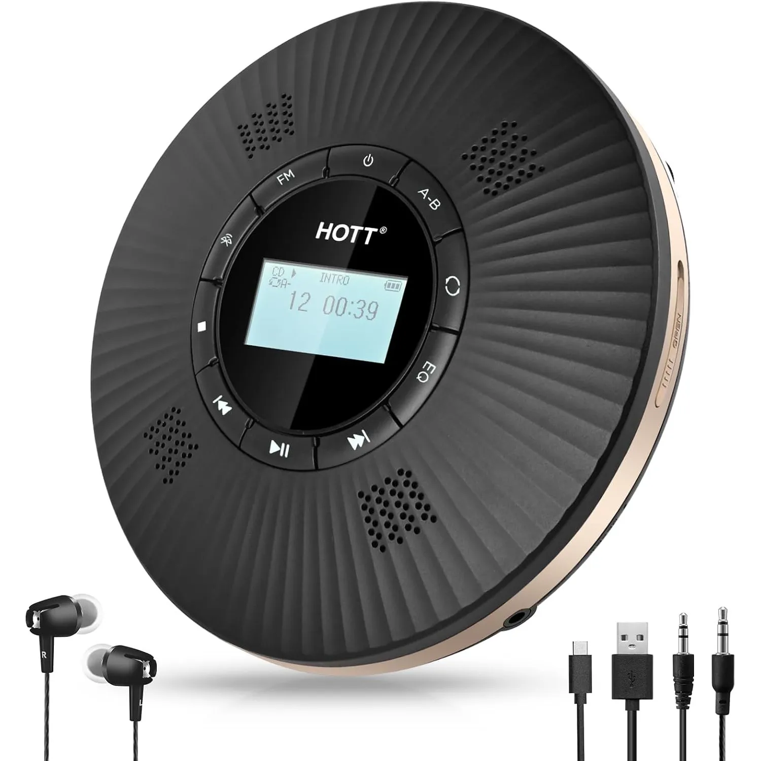HOTT Tragbarer Bluetooth CD Player mit 4 Lautsprechern, FM-Transmitter & Anti-Skip, 1800mAh Akku mit Kopfhörern für Aut…
