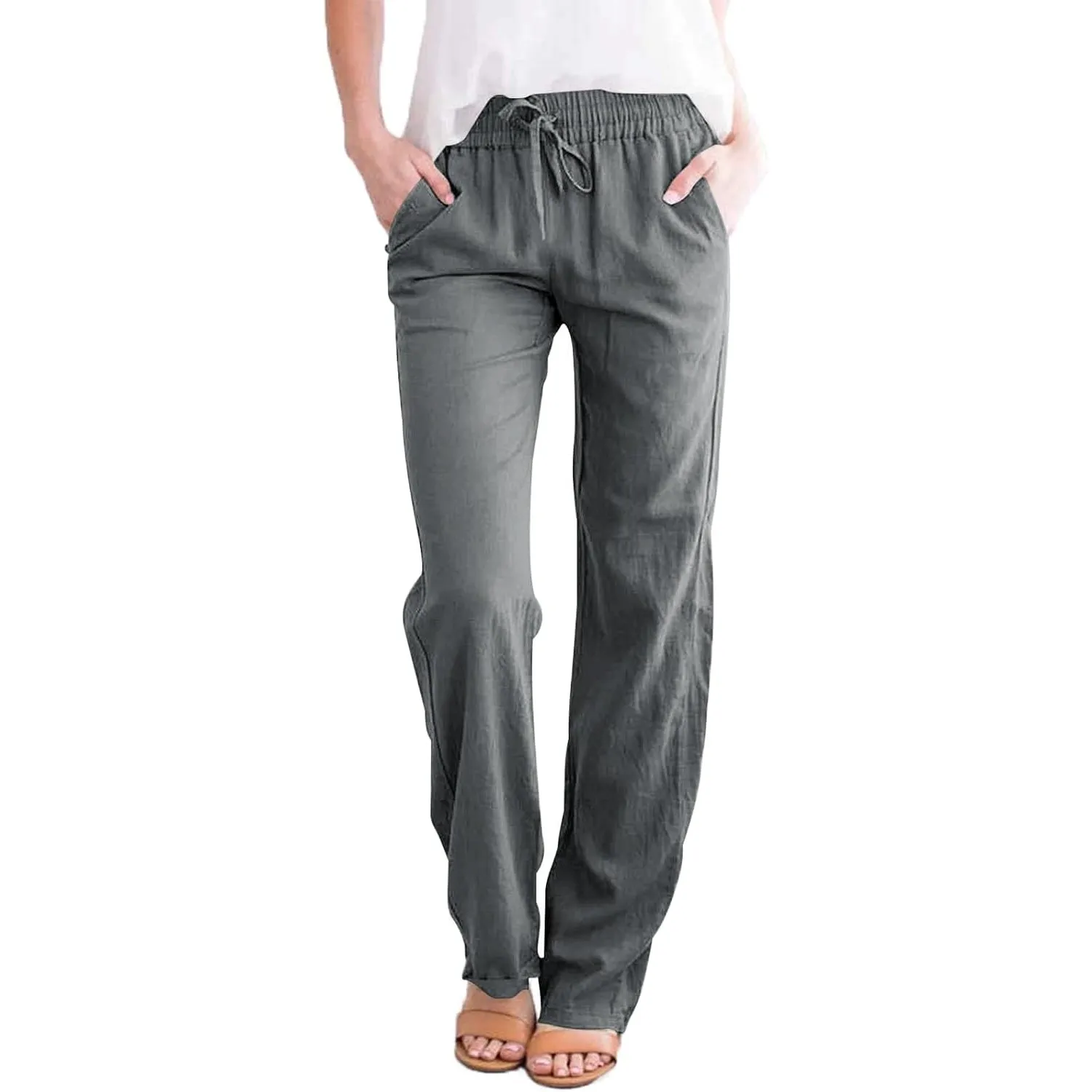 Tincini Leinenhose Damen Hose Sommer Musselin Leinen Hosen Stoffhose Einfarbig Freizeithose Gerade Geschnitten Strandho…