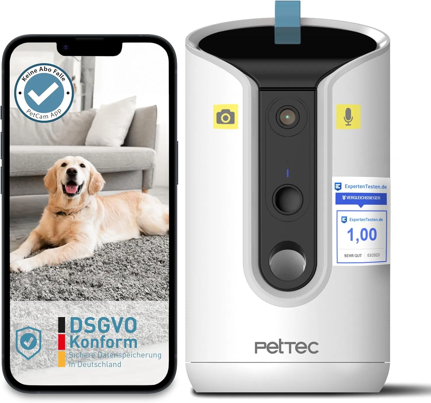 PetTec Pet Camera 360° and Automatic Feeder with Treat Ejection - via App & Multi Button - Bark Detection - 3MP Night V…
