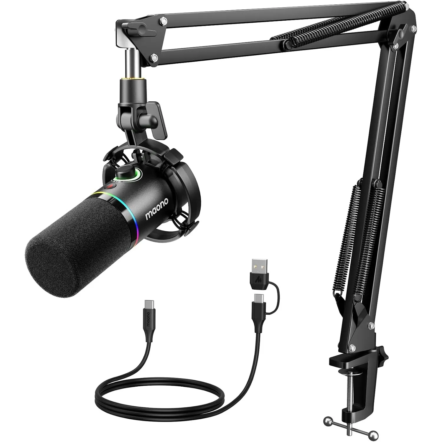 MAONO XLR/USB Dynamisches Mikrofon Set, RGB Podcast Mikrofon mit Arm, Software, Stummschalttaste, Gain-Regler, für PC G…