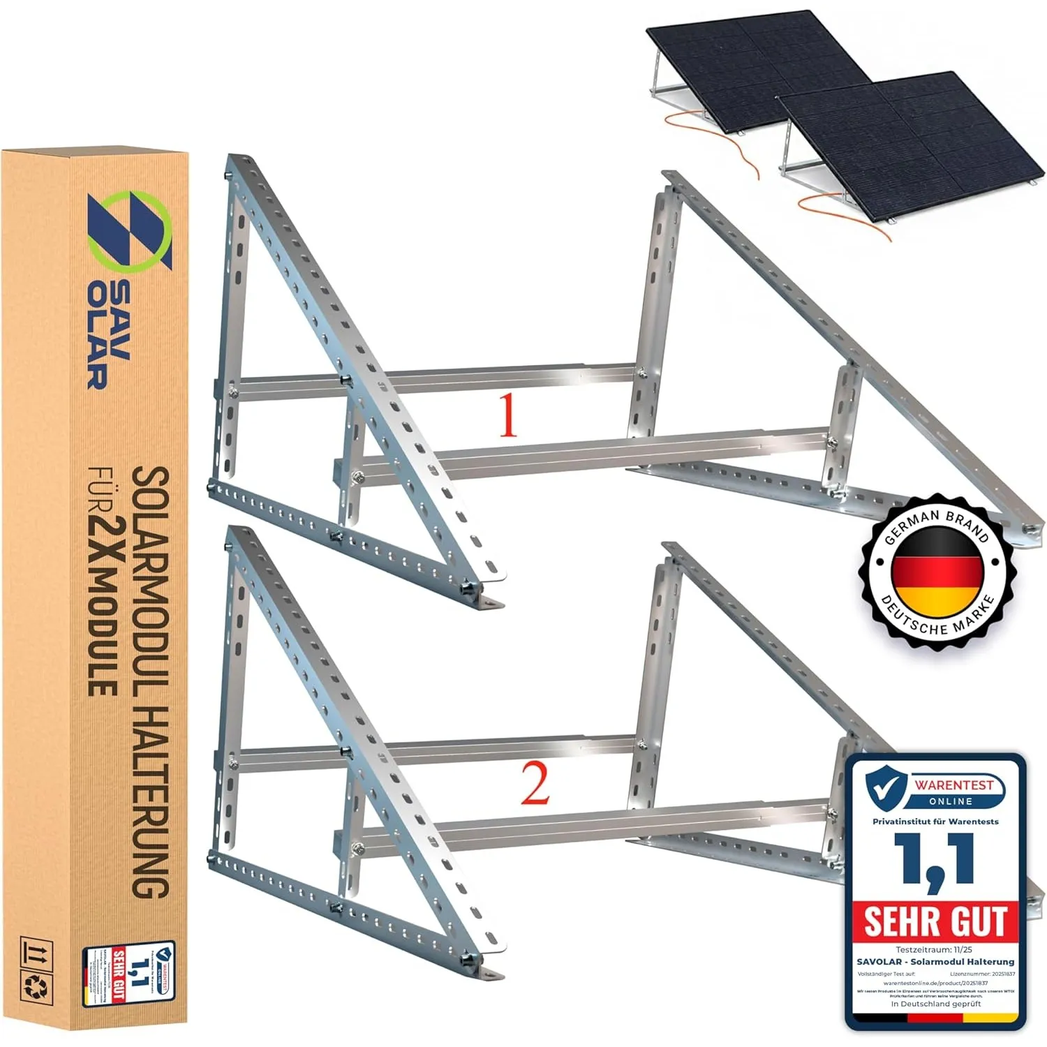 2 Stück SAVOLAR Solarmodul Halterung, Aluminium & Edelstahl, für 2 Paneele, Balkonkraftwerk halterung, verstellbarer Wi…