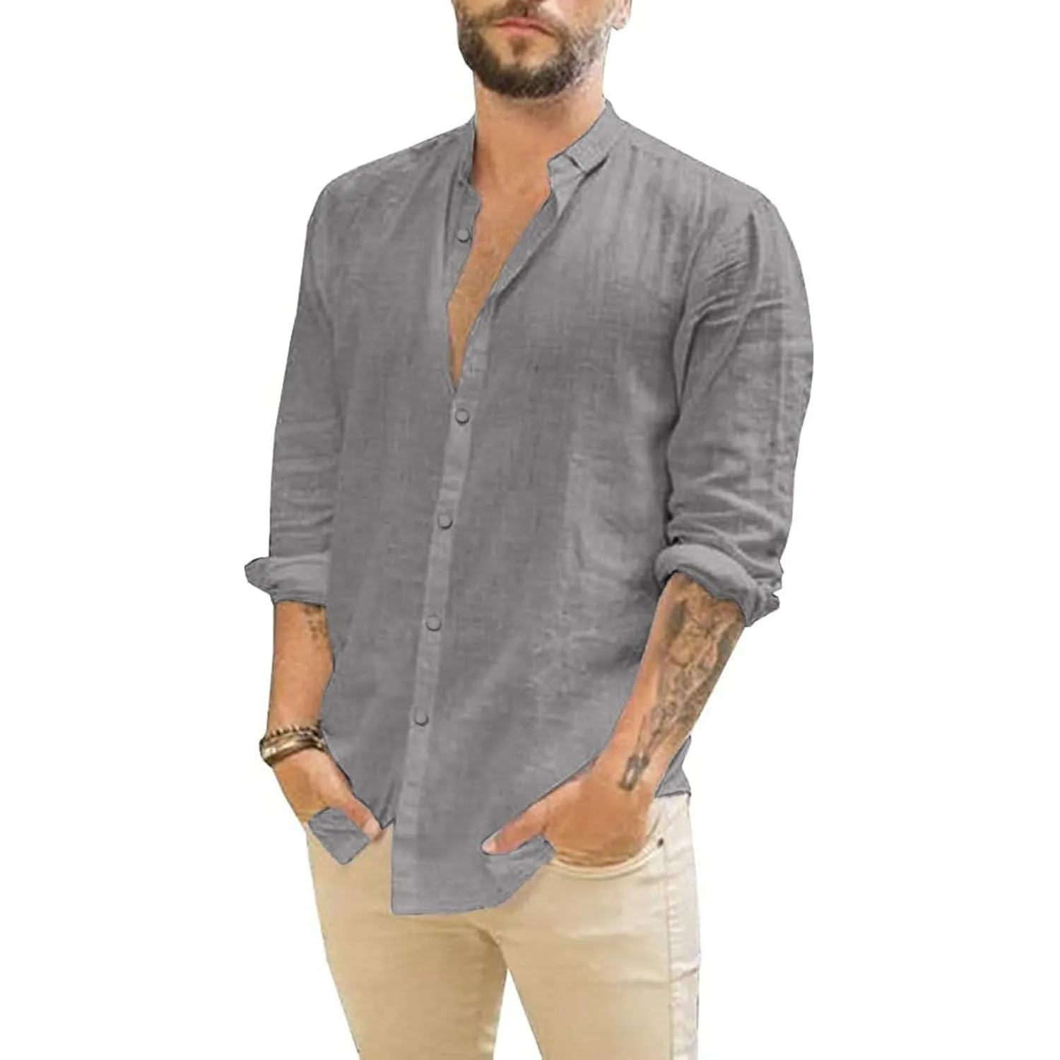 Friptspyg Leinenhemd Herren Hemd Langarm Baumwolle Leinen Hemden Button-Down Freizeithemden Casual Regular Fit Sommerhe…