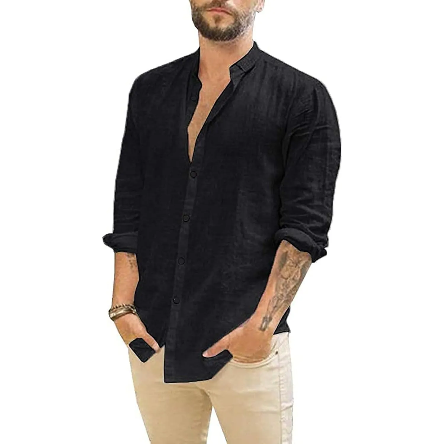 Friptspyg Leinenhemd Herren Hemd Langarm Baumwolle Leinen Hemden Button-Down Freizeithemden Casual Regular Fit Sommerhe…