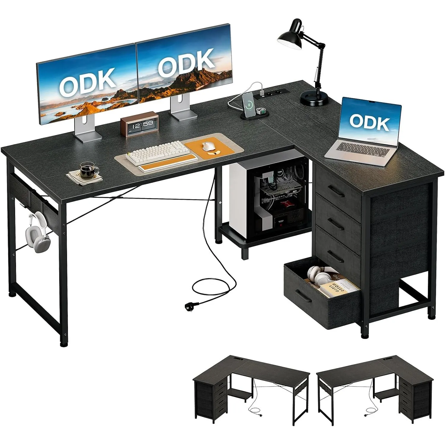 ODK Eckschreibtisch mit 4 Stoff Schubladen, 135×100 cm, Schwarz