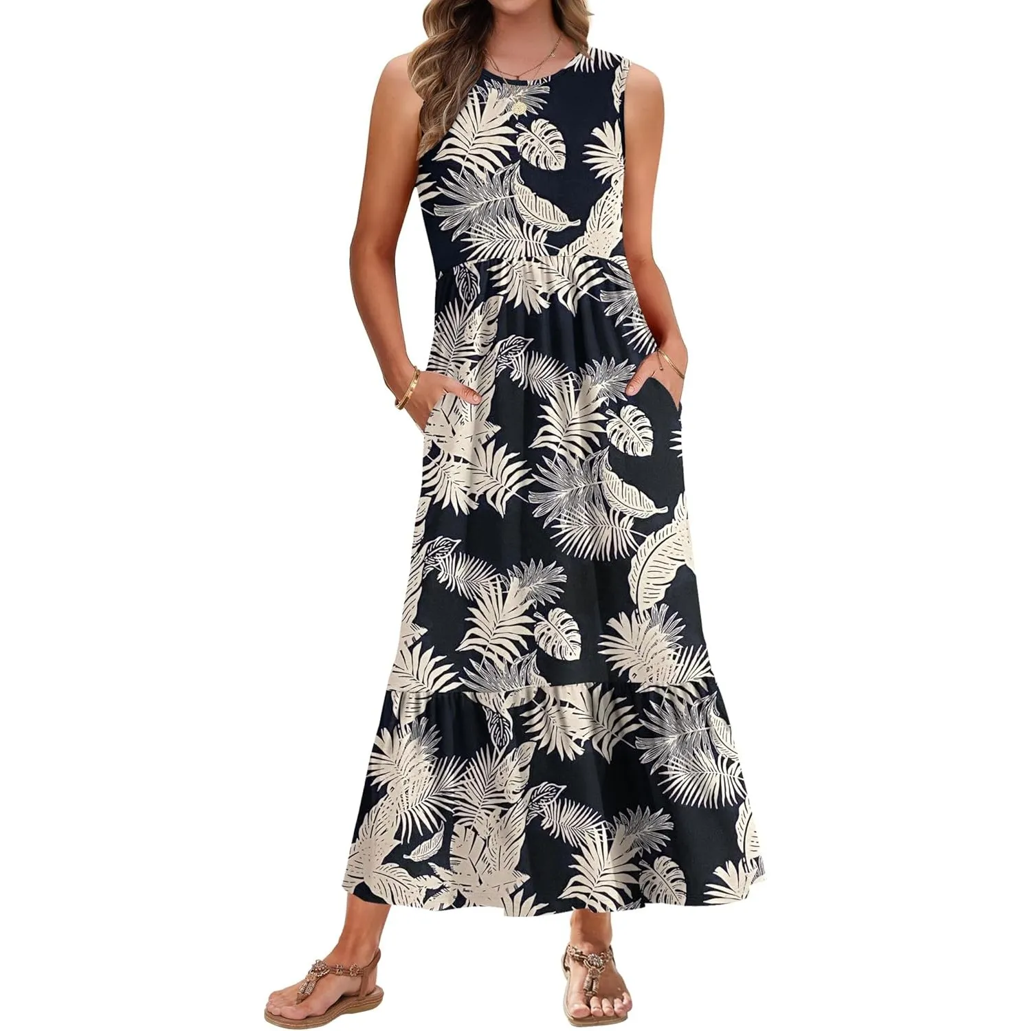 AUSELILY Sommerkleid Damen Lang Ärmelloses Maxikleid Damen Sommer Strandkleid Lange Rundhals Tank Top Kleider Leicht un…