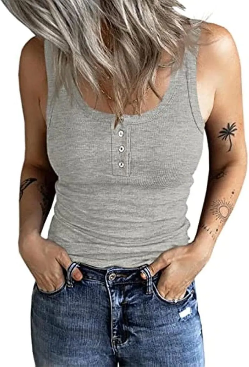 Fessceruna Women's Top, Sexy Scoop Neck, Tank Top, Sleeveless Summer Top, Ribbed Camisole with Buttons