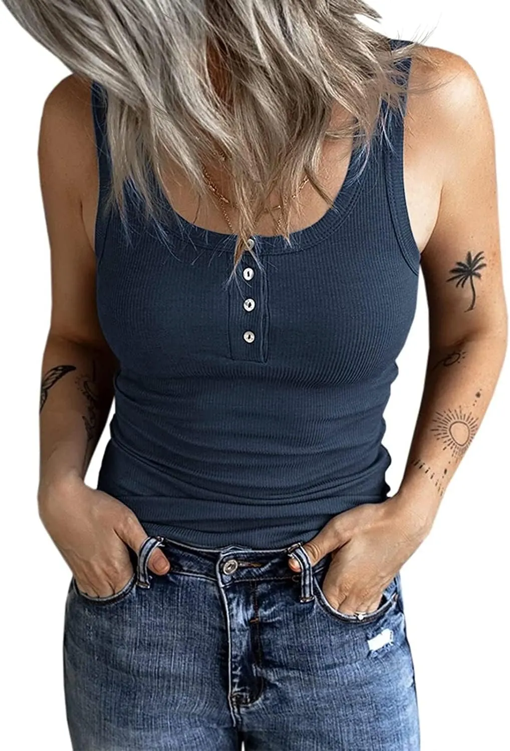 Fessceruna Women's Top, Sexy Scoop Neck, Tank Top, Sleeveless Summer Top, Ribbed Camisole with Buttons