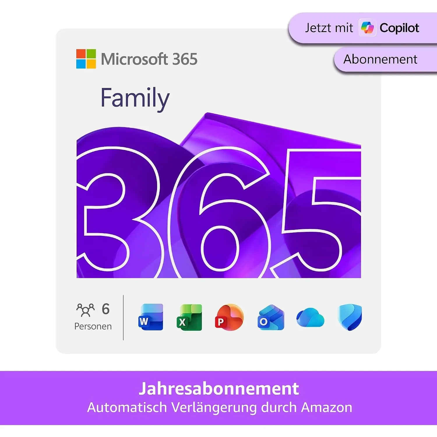 Microsoft 365 Family | 1 Jahr | bis zu 6 Personen | Office Apps mit KI | bis zu 6 TB Cloudspeicher | Amazon Abonnement …