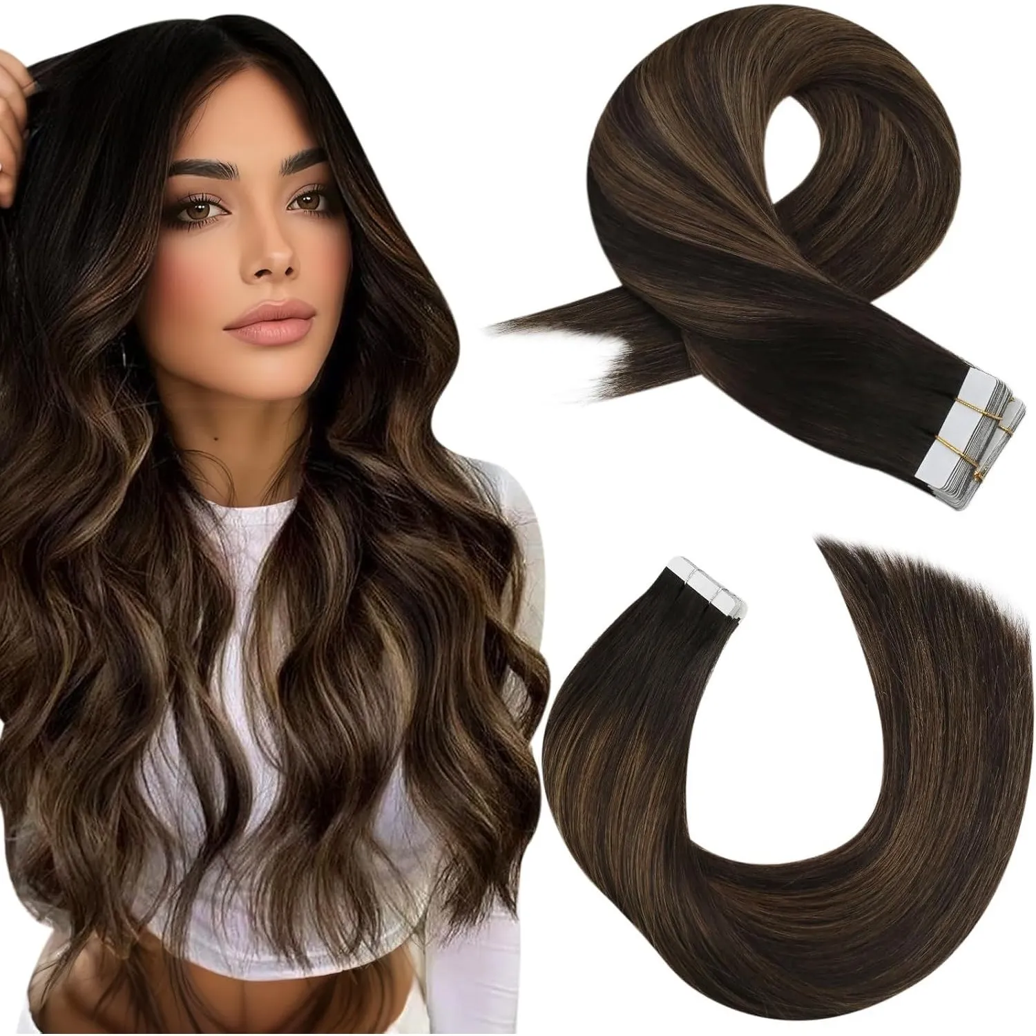 Moresoo Tape in Extensions Echthaar Braun Unsichtbare Ombre 45 cm 20pcs 50g