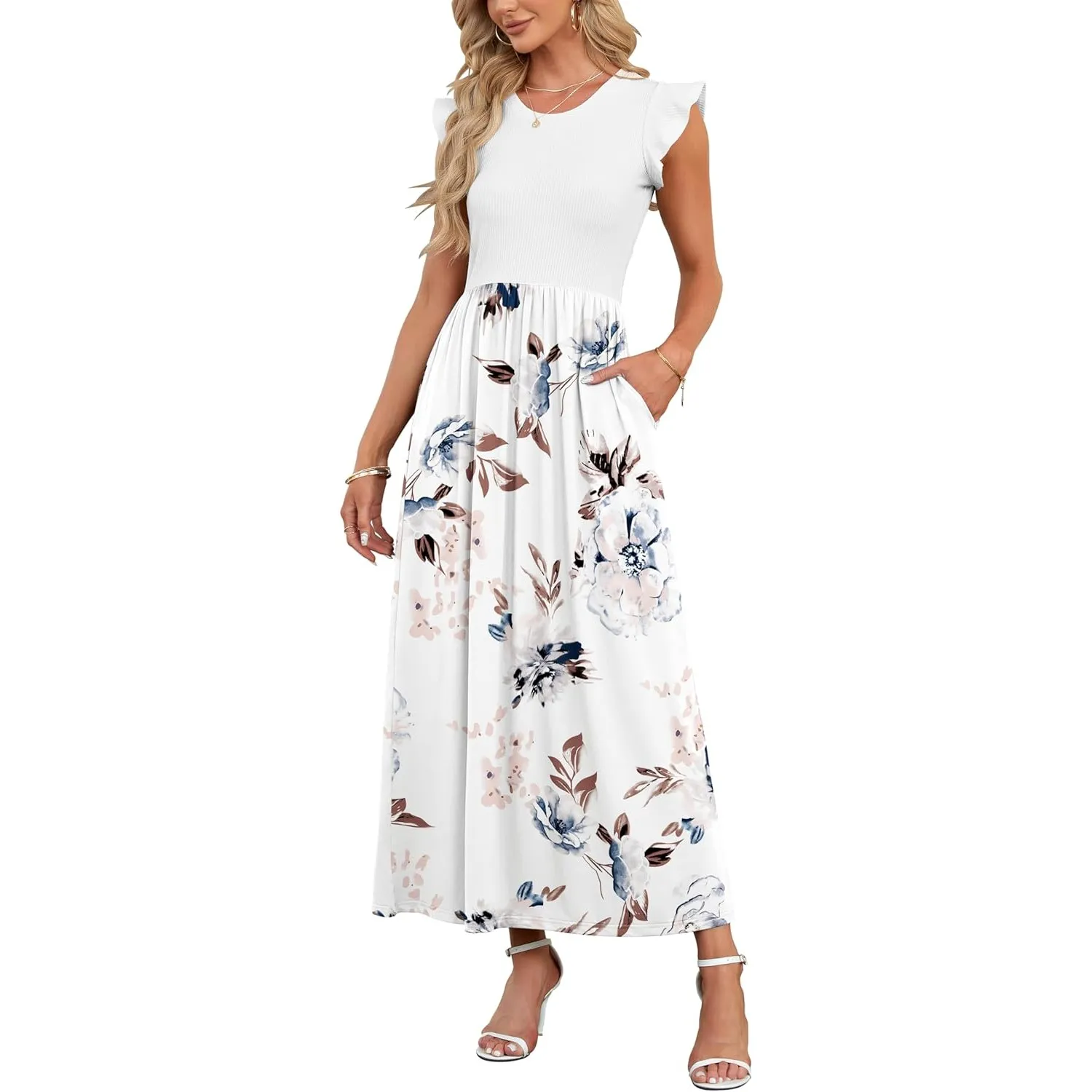 AUSELILY Damen Sommer Rundhalsausschnitt Maxi Kleid mit Taschen Kurzarm und Rüschen Lässiges Hohe Taille Langes Lockere…