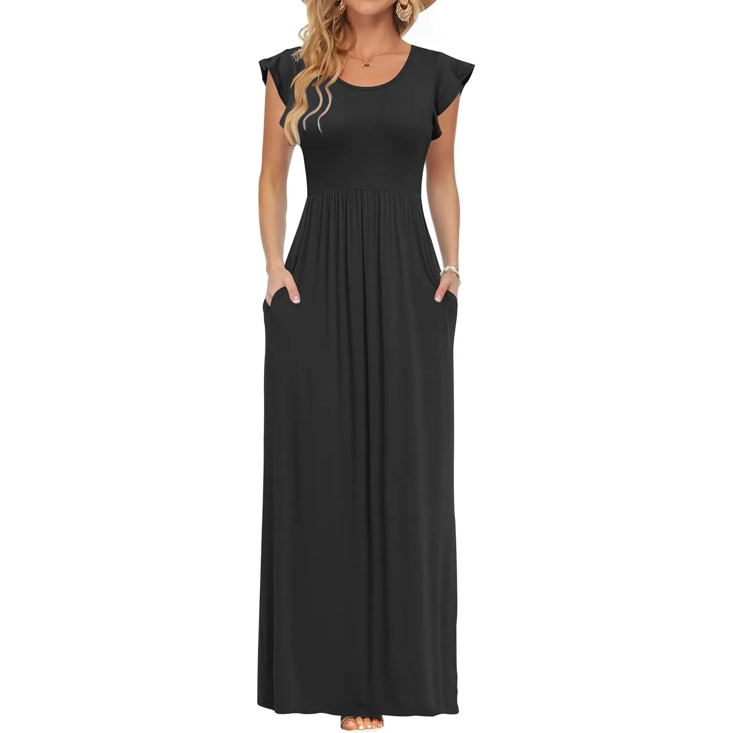 AUSELILY Sommer Maxikleider Dame mit Taschen Hohe Taille Lang Strandkleid | Elegante Blütenblatten Kurzarm Rundhals A L…