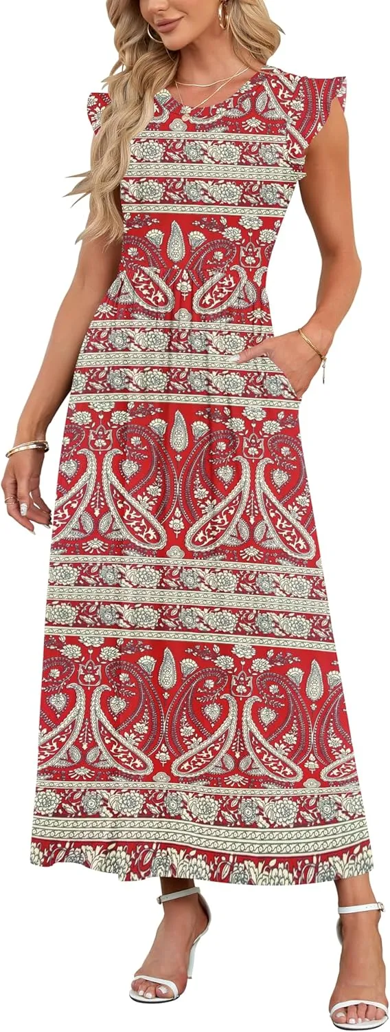 AUSELILY Women's Summer Round Neck Maxi Dress with Pockets, Short Sleeve and Ruffles, Casual High Waist, Long Loose Flo…