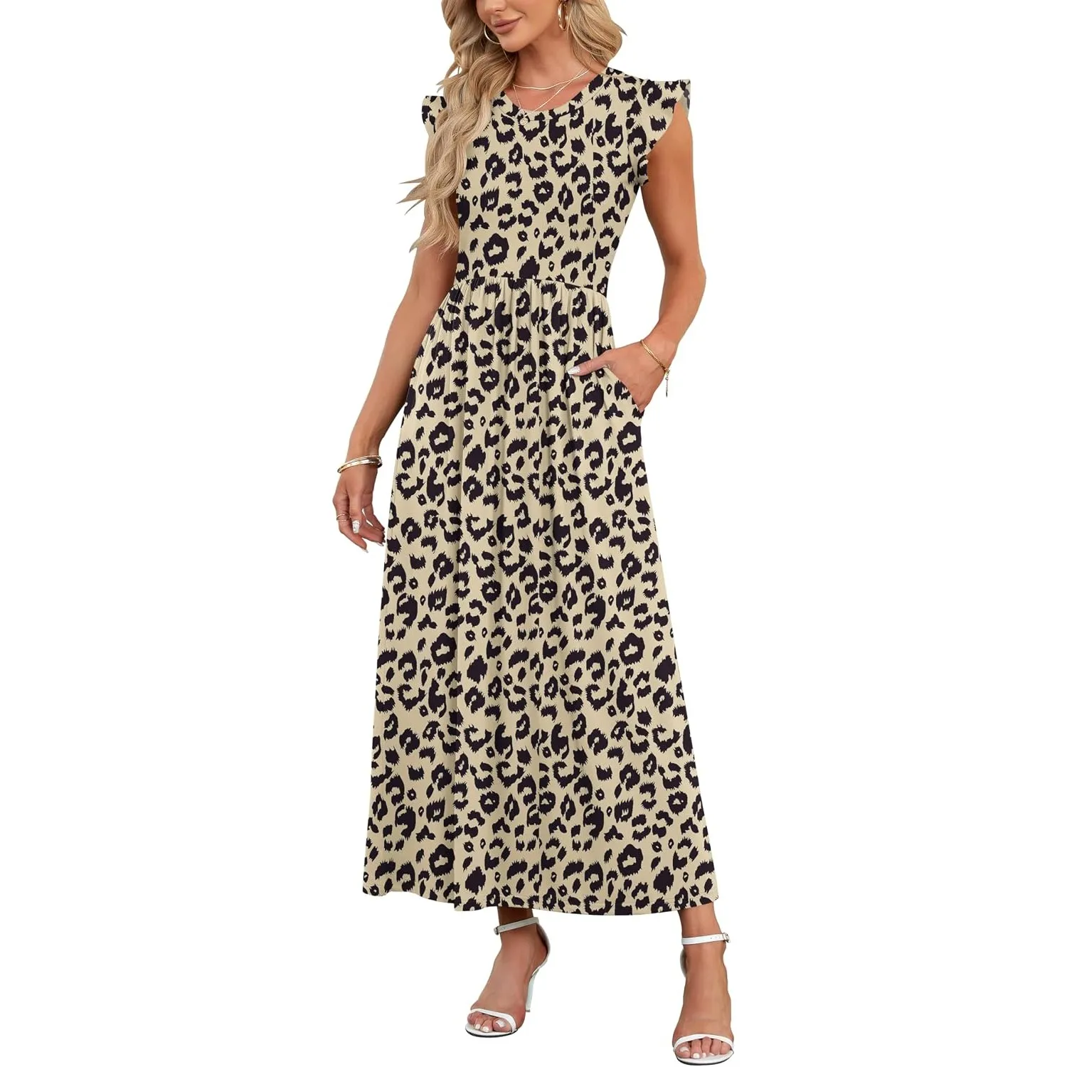 AUSELILY Sommer Maxikleider Dame mit Taschen Hohe Taille Lang Strandkleid | Elegante Blütenblatten Kurzarm Rundhals A L…