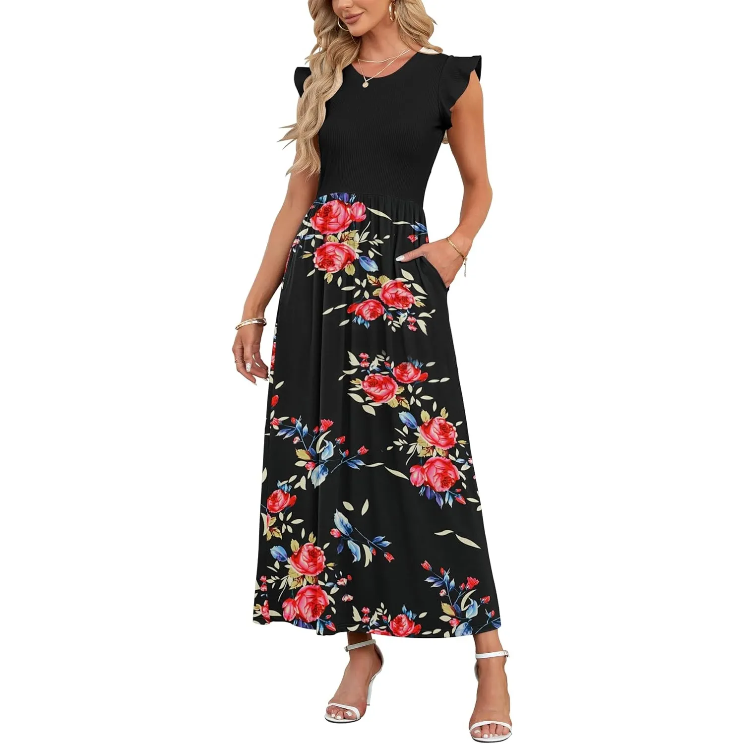 AUSELILY Damen Sommer Rundhalsausschnitt Maxi Kleid mit Taschen Kurzarm und Rüschen Lässiges Hohe Taille Langes Lockere…