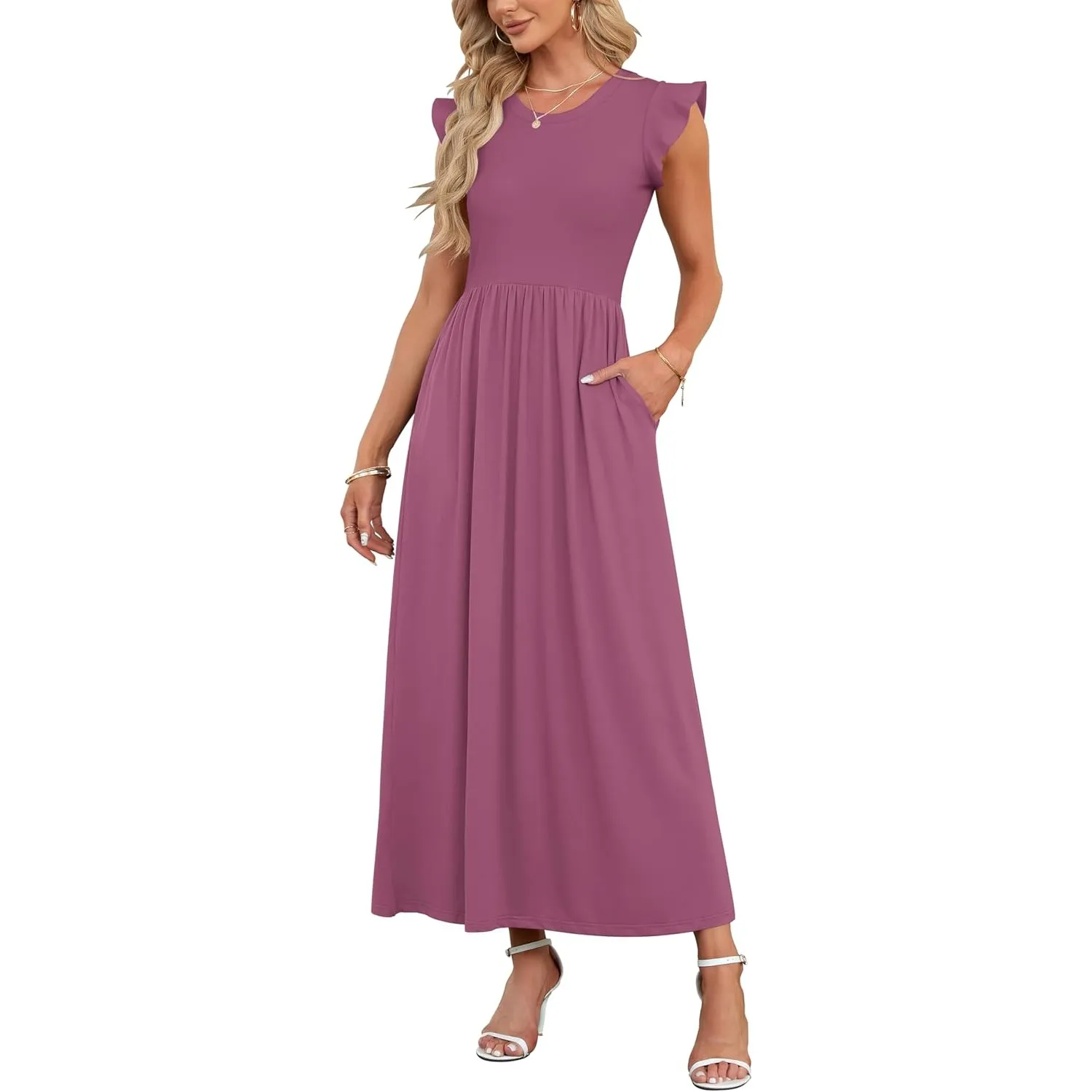 AUSELILY Damen Sommer Rundhalsausschnitt Maxi Kleid mit Taschen Kurzarm und Rüschen Lässiges Hohe Taille Langes Lockere…