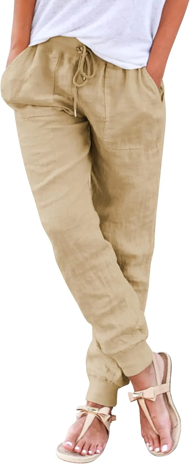Women's summer casual cotton linen fabric trousers, plain casual trousers, stretch lightweight linen trousers, straight…