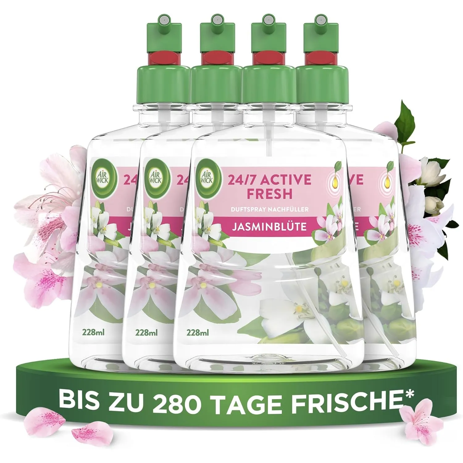 Air Wick Active Fresh – Wasserbasierter, automatischer Lufterfrischer – Raumduft Jasminblüte – 4 x 228 ml Nachfüller