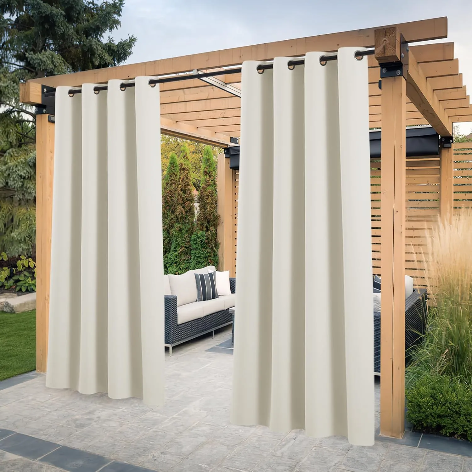 PONY DANCE Balkon Vorhang Sonnenschutz & Sichtschutz Terrasse/Pavillon Vorhänge 2er Set Outdoor Gardinen Wasserdicht Outdoorvorhang Wetterfest mit Ösen, H 213 x B 132 cm, Hellbeige