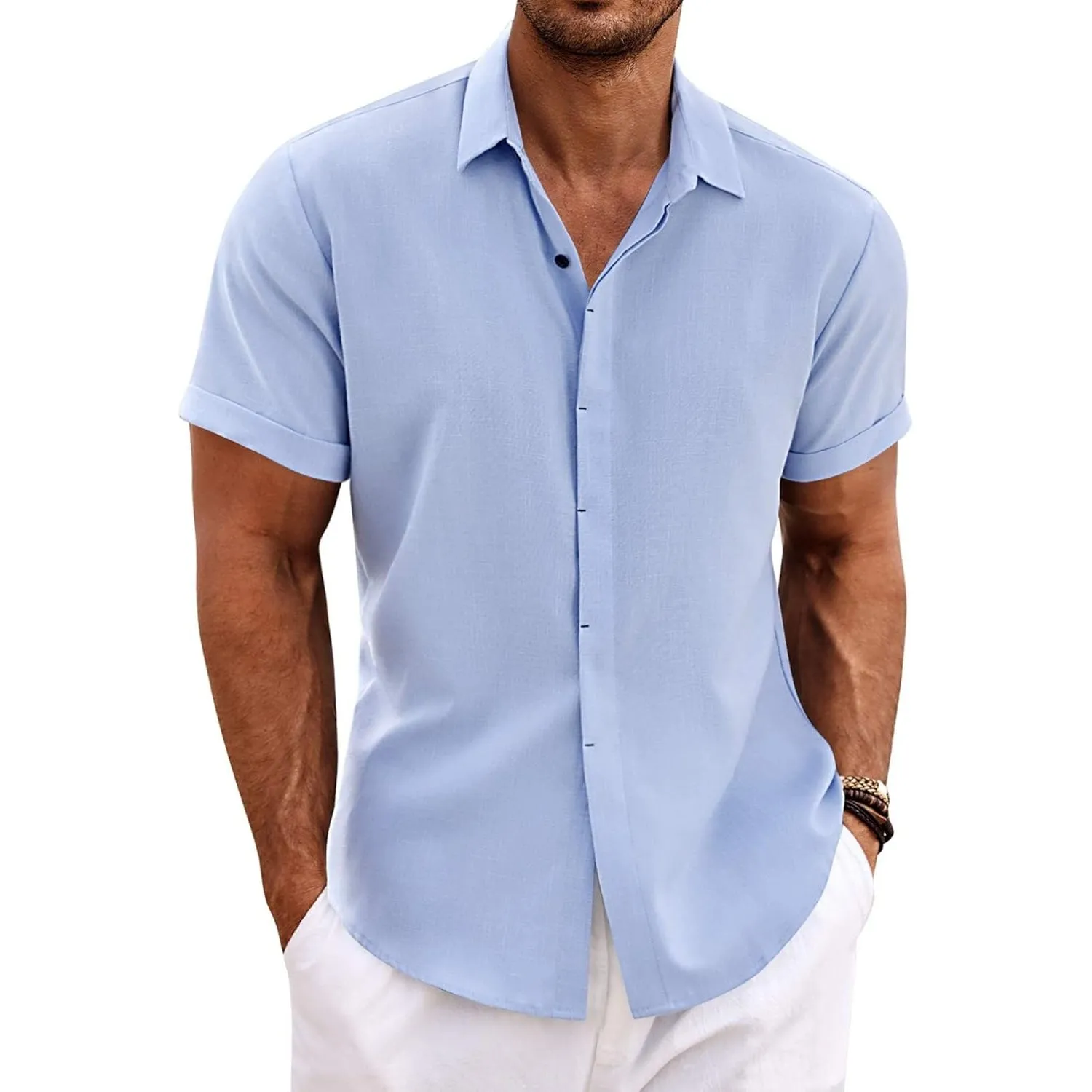 COOFANDY Leinenhemd Herren Kurzarm Hemd Button Down Regular Fit Freizeithemden Sommer Strand Leinen Shirt