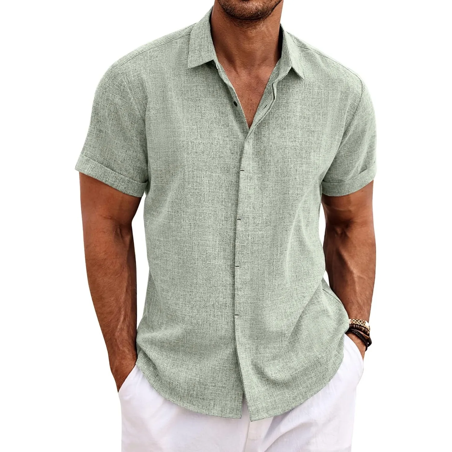 COOFANDY Leinenhemd Herren Kurzarm Hemd Button Down Regular Fit Freizeithemden Sommer Strand Leinen Shirt
