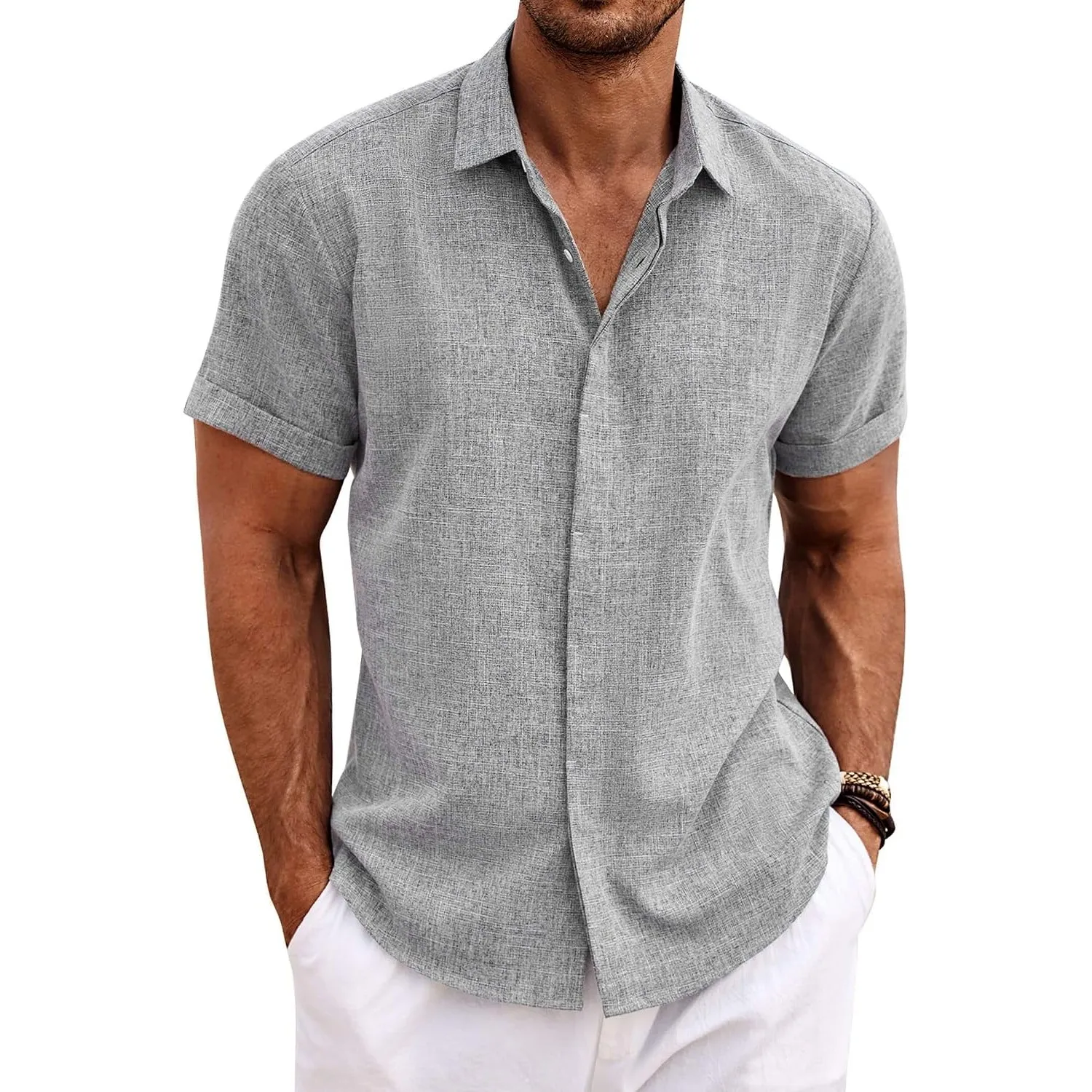 COOFANDY Leinenhemd Herren Kurzarm Hemd Button Down Regular Fit Freizeithemden Sommer Strand Leinen Shirt