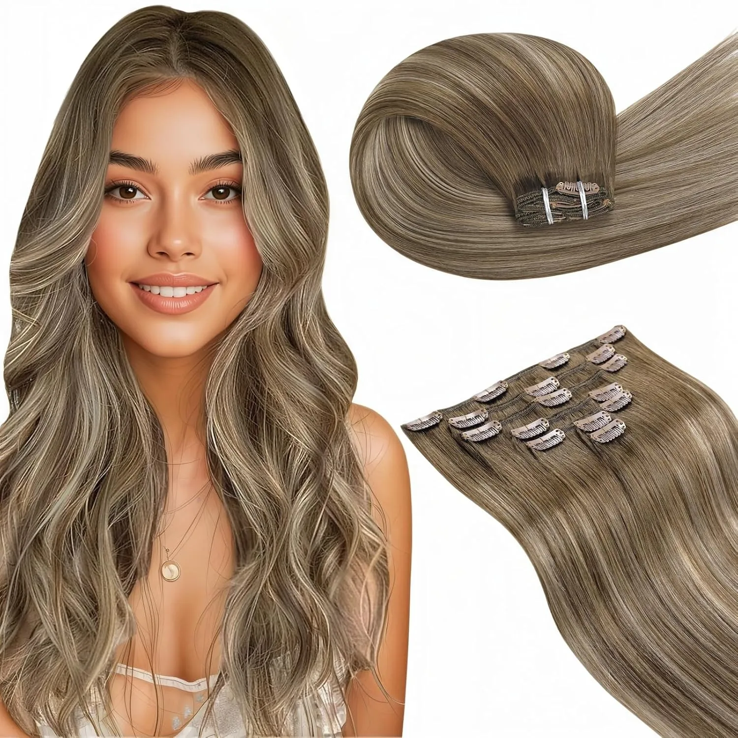 LaaVoo Clip in Doppelt Tressen Balayage Echthaar Braun 60cm Clip in Glatt Haarverlängerung Vollkopf 7PCS #8/16/8 Hellbr…
